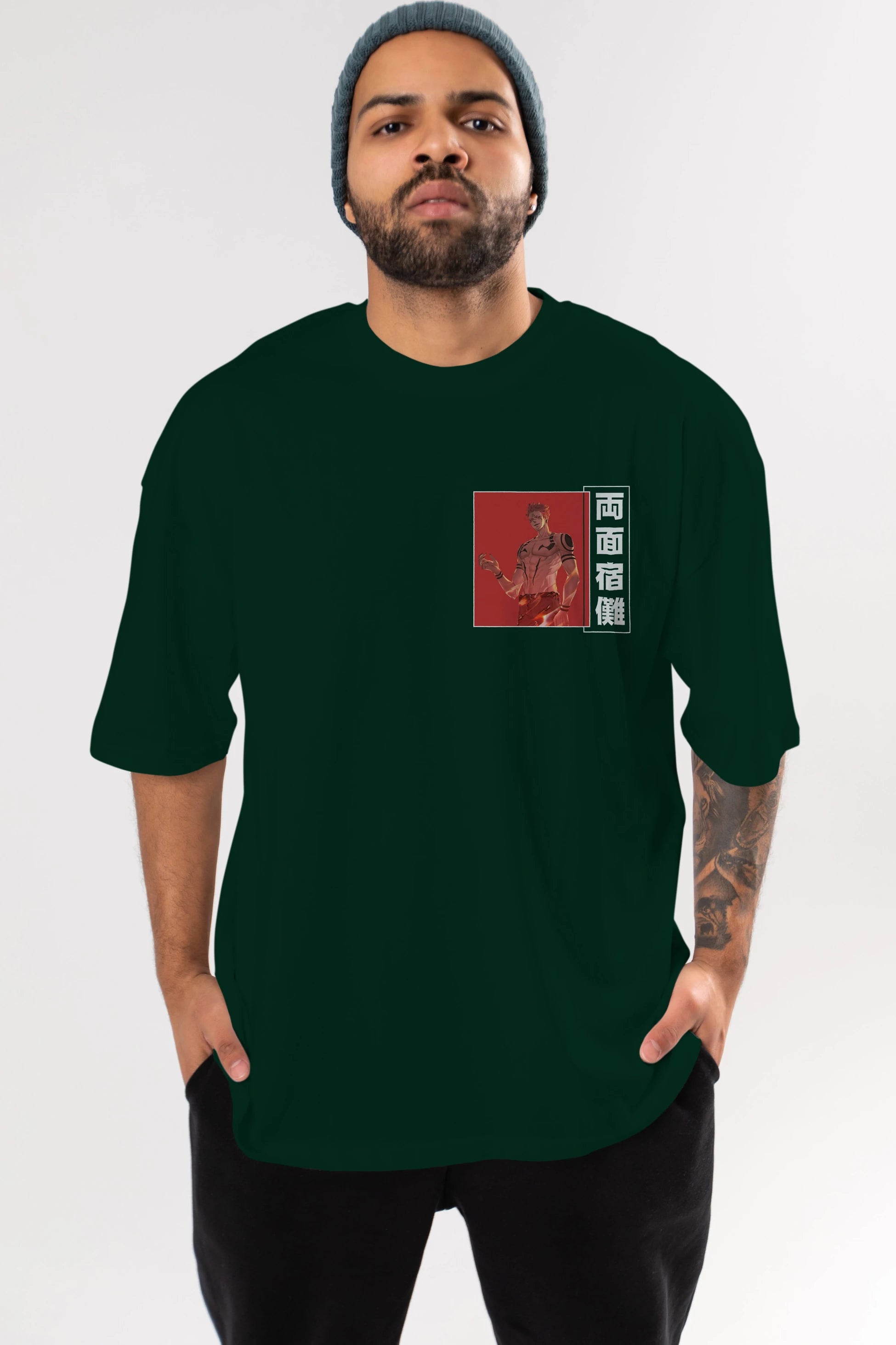 Sukuna Ryoumen 3 Ön Sol Baskılı Oversize t-shirt Erkek Kadın Unisex %100 Pamuk Bisiklet Yaka tişort