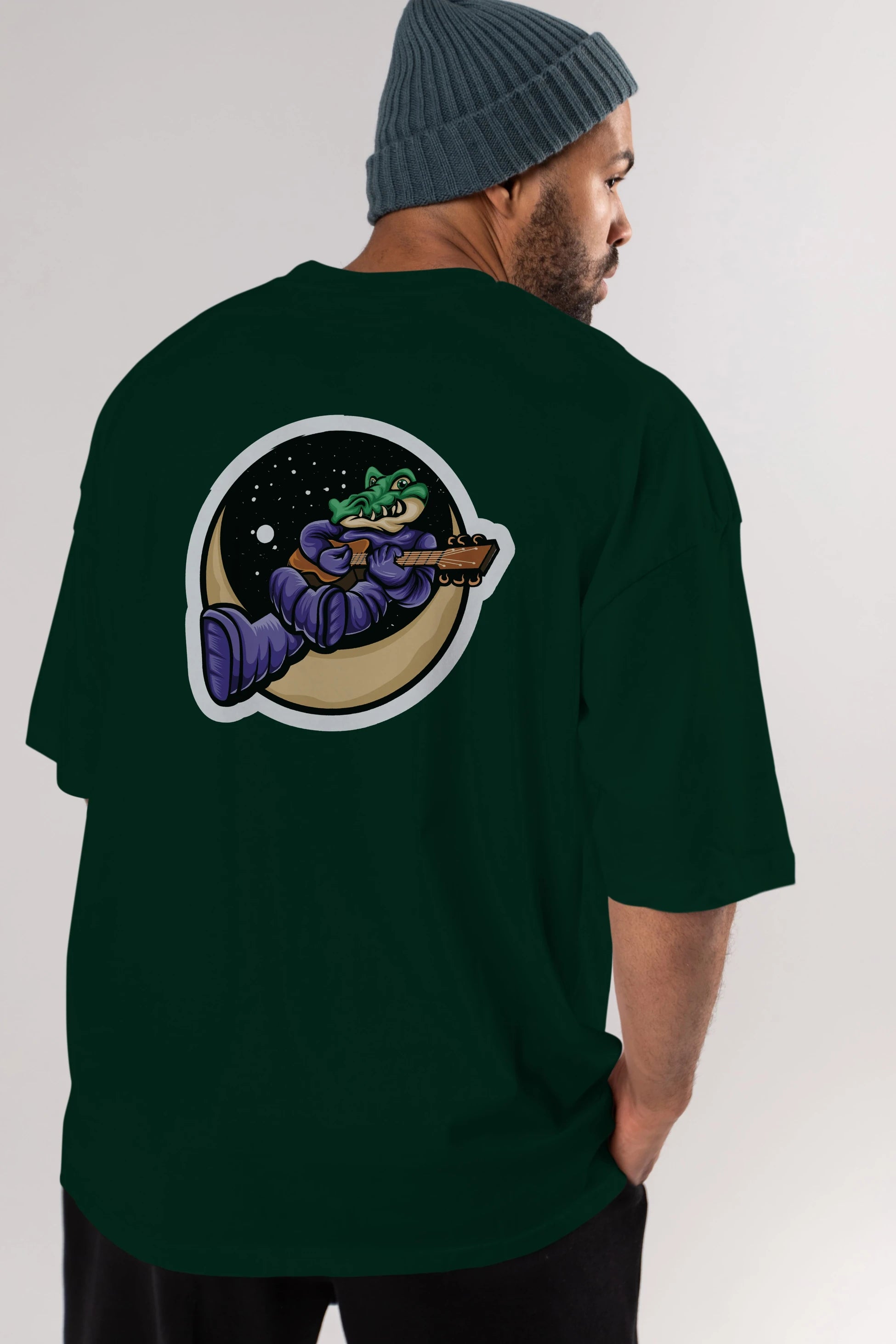 Space Crocodile Sticker Arka Baskılı Oversize t-shirt Erkek Kadın Unisex