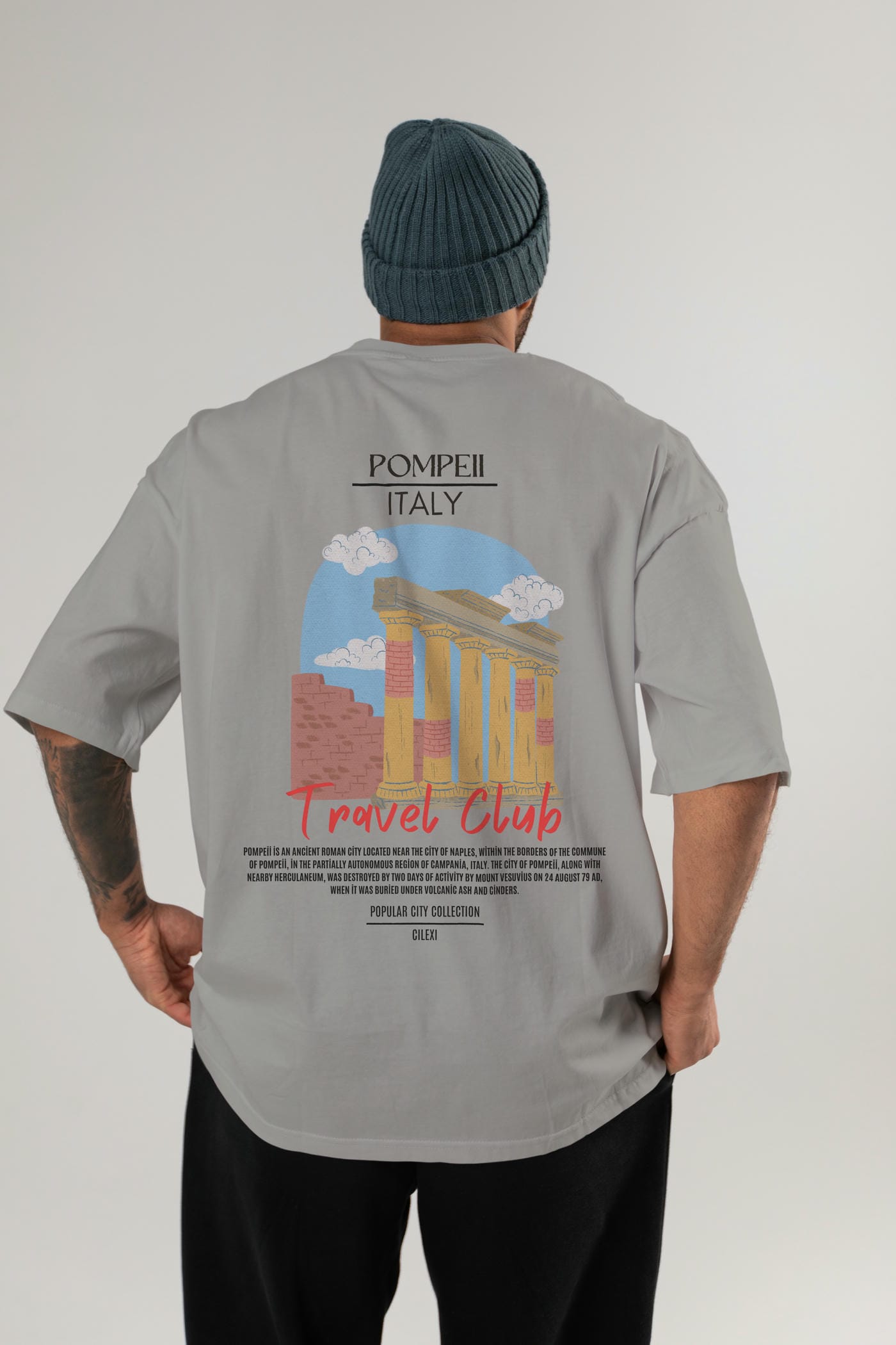 Pompeii İtaly Arka Baskılı Oversize t-shirt Erkek Kadın Pamuk Bisiklet Yaka tişort