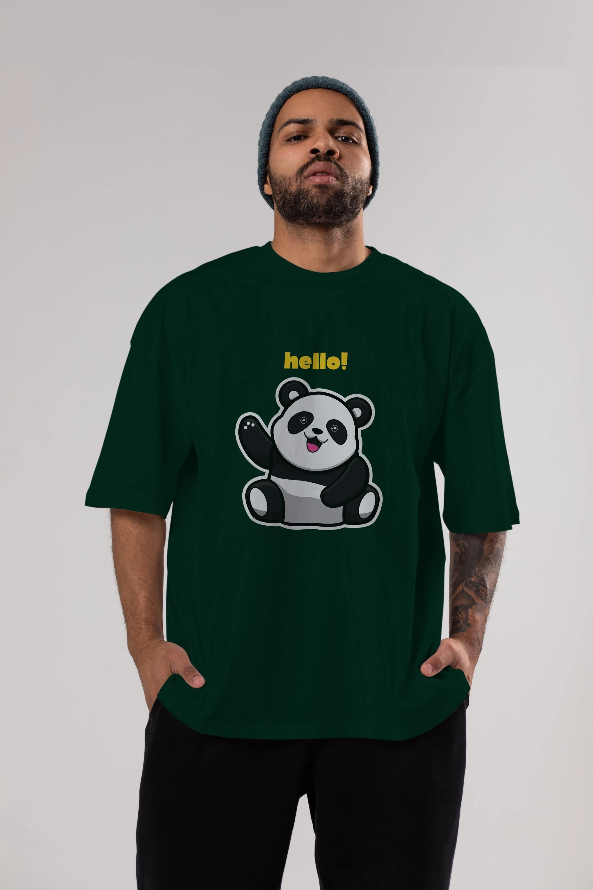 Hello Panda Ön Baskılı Oversize t-shirt Erkek Kadın Unisex