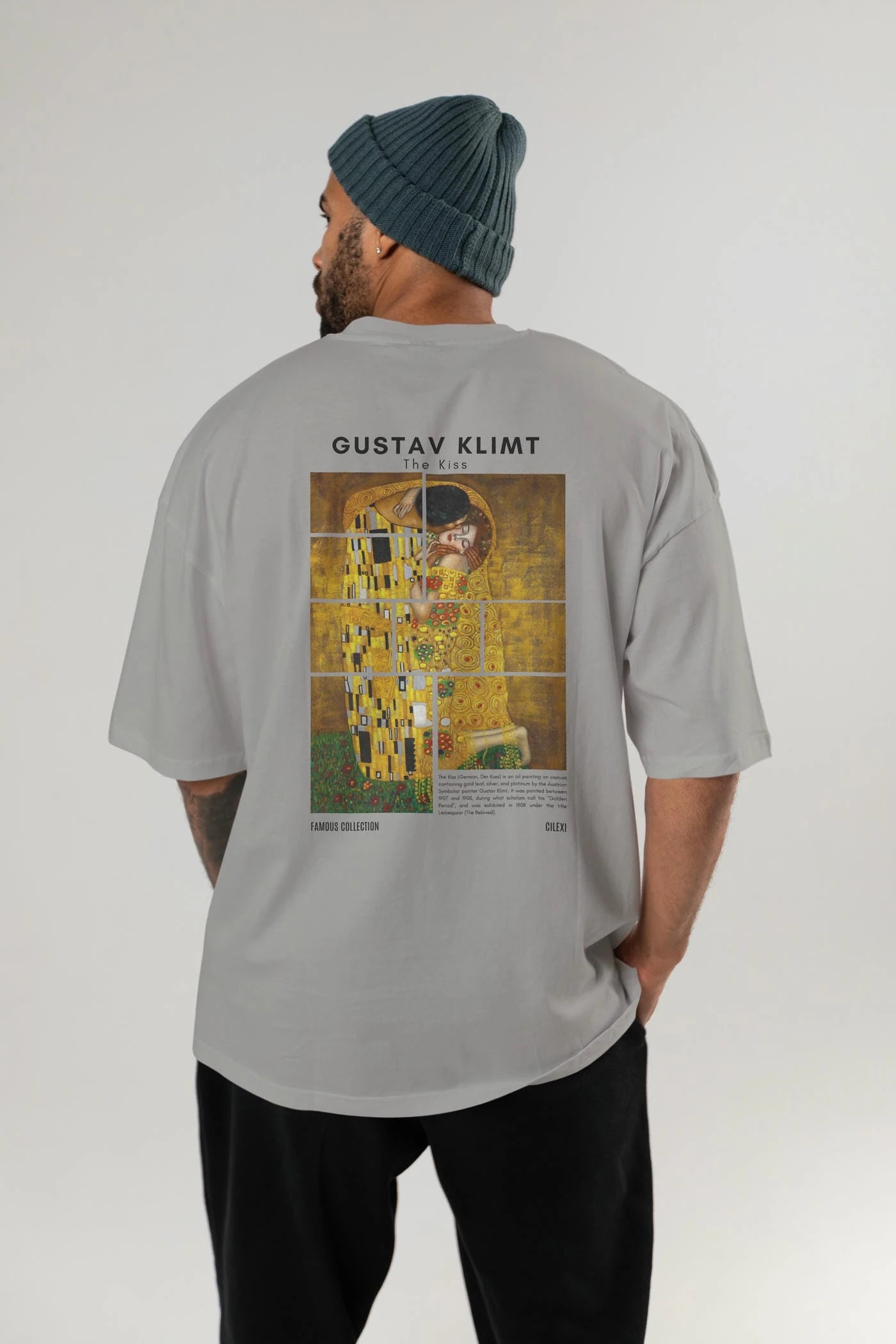 Gustav Klimt The Kiss Arka Baskılı Oversize t-shirt Erkek Kadın Bisiklet Yaka Pamuk tişort