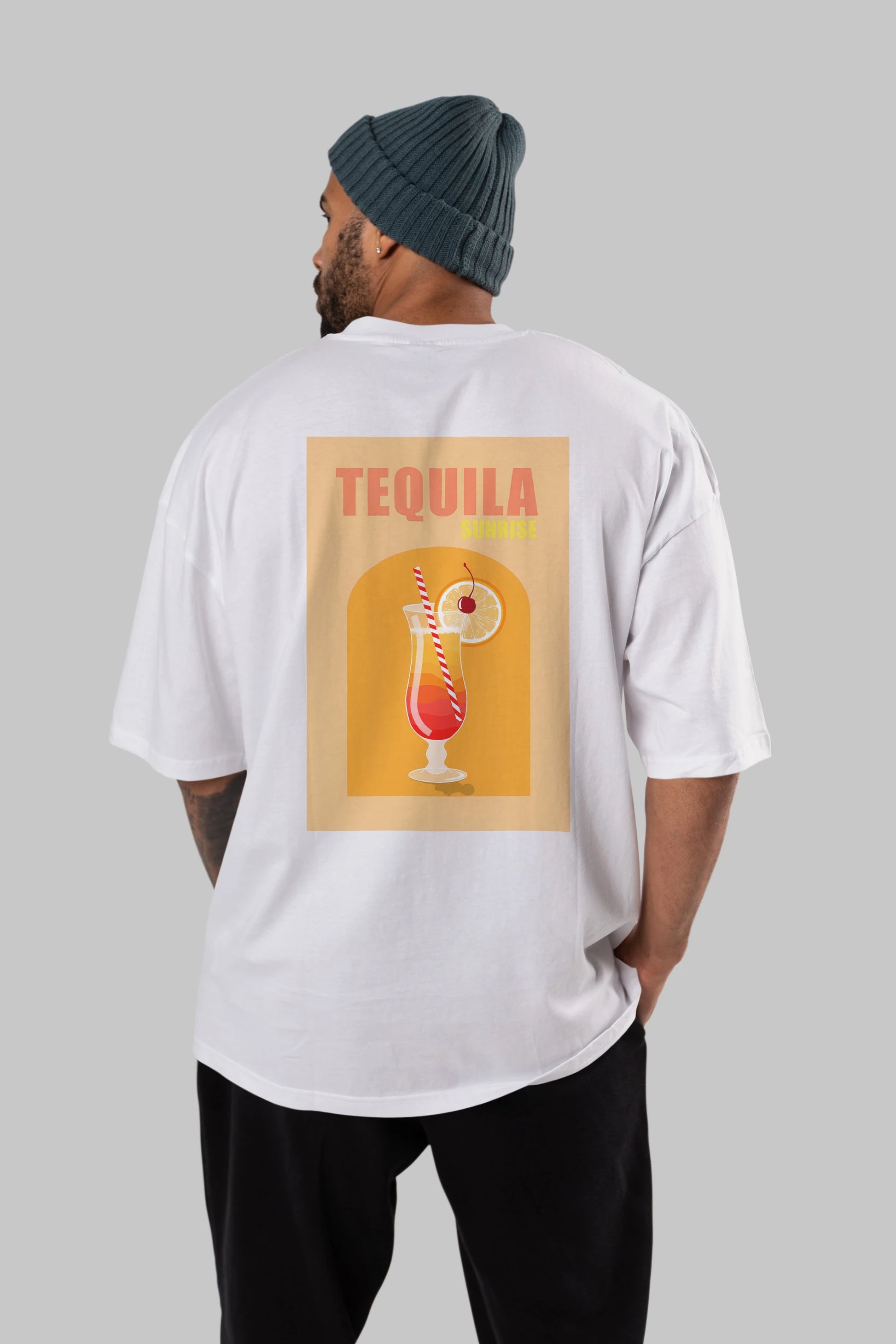 Tequila Sunrise Arka Baskılı Oversize t-shirt Erkek Kadın Unisex %100 Pamuk Bisiklet Yaka tişort