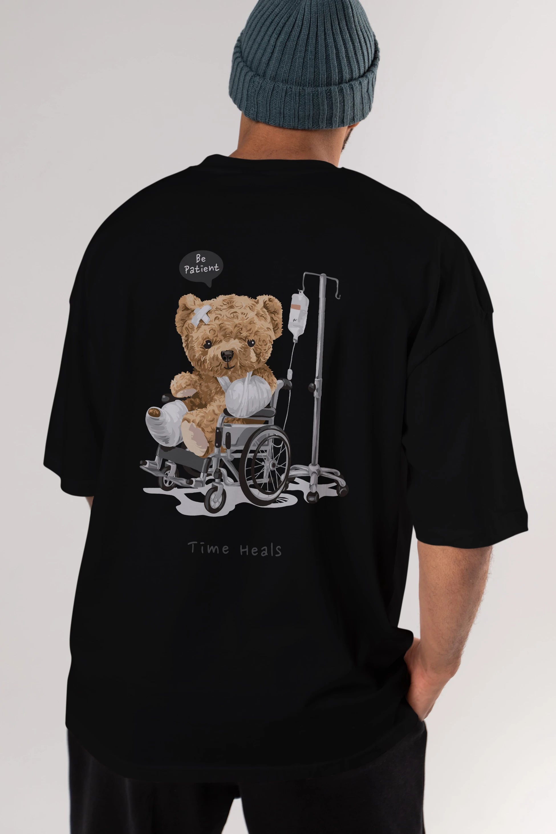 Teddy Bear Time Heals Arka Baskılı Oversize t-shirt Erkek Kadın Unisex %100 Pamuk
