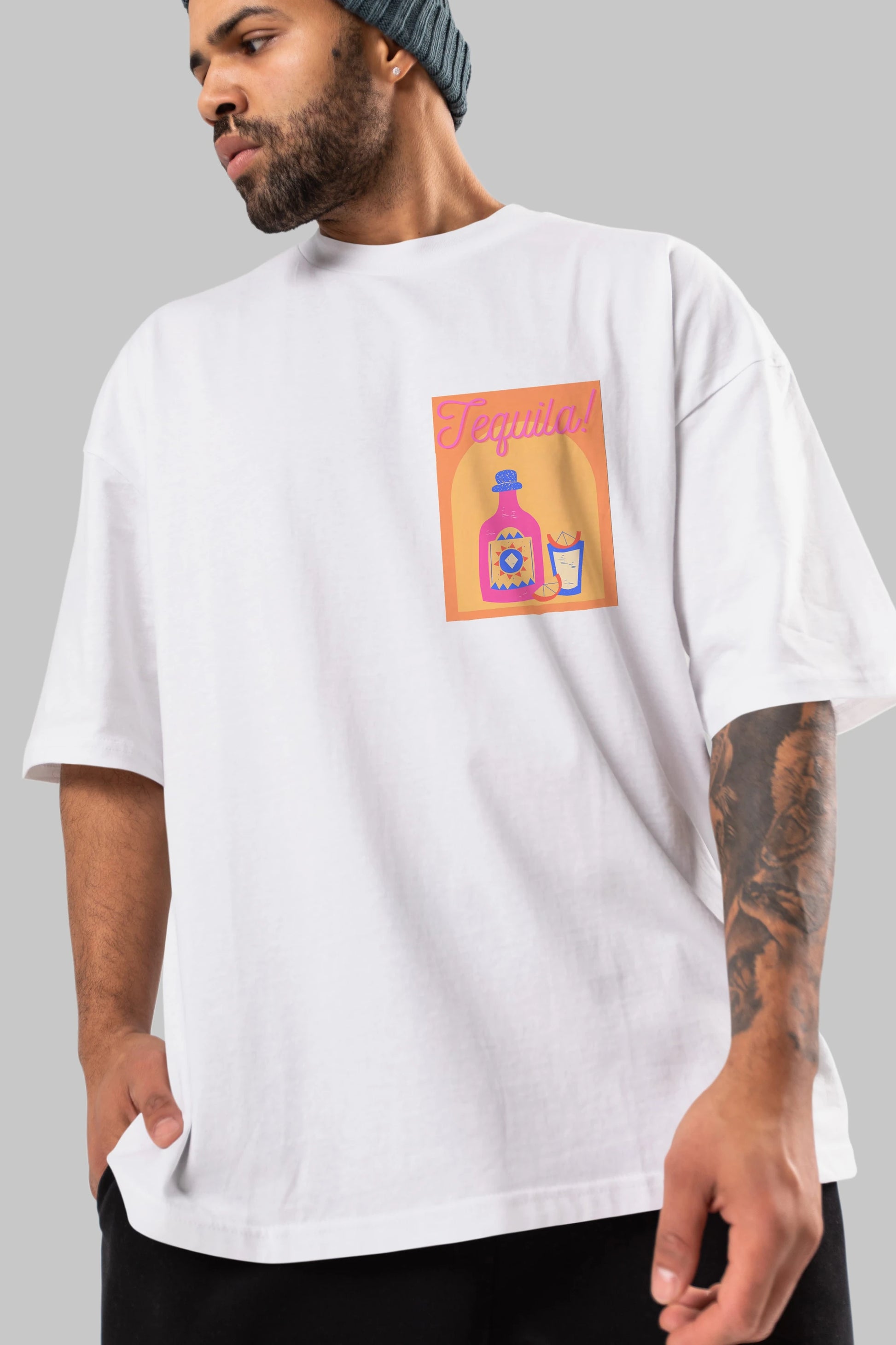 Tequila Ön Sol Baskılı Oversize t-shirt Erkek Kadın Unisex %100 Pamuk Bisiklet Yaka tişort