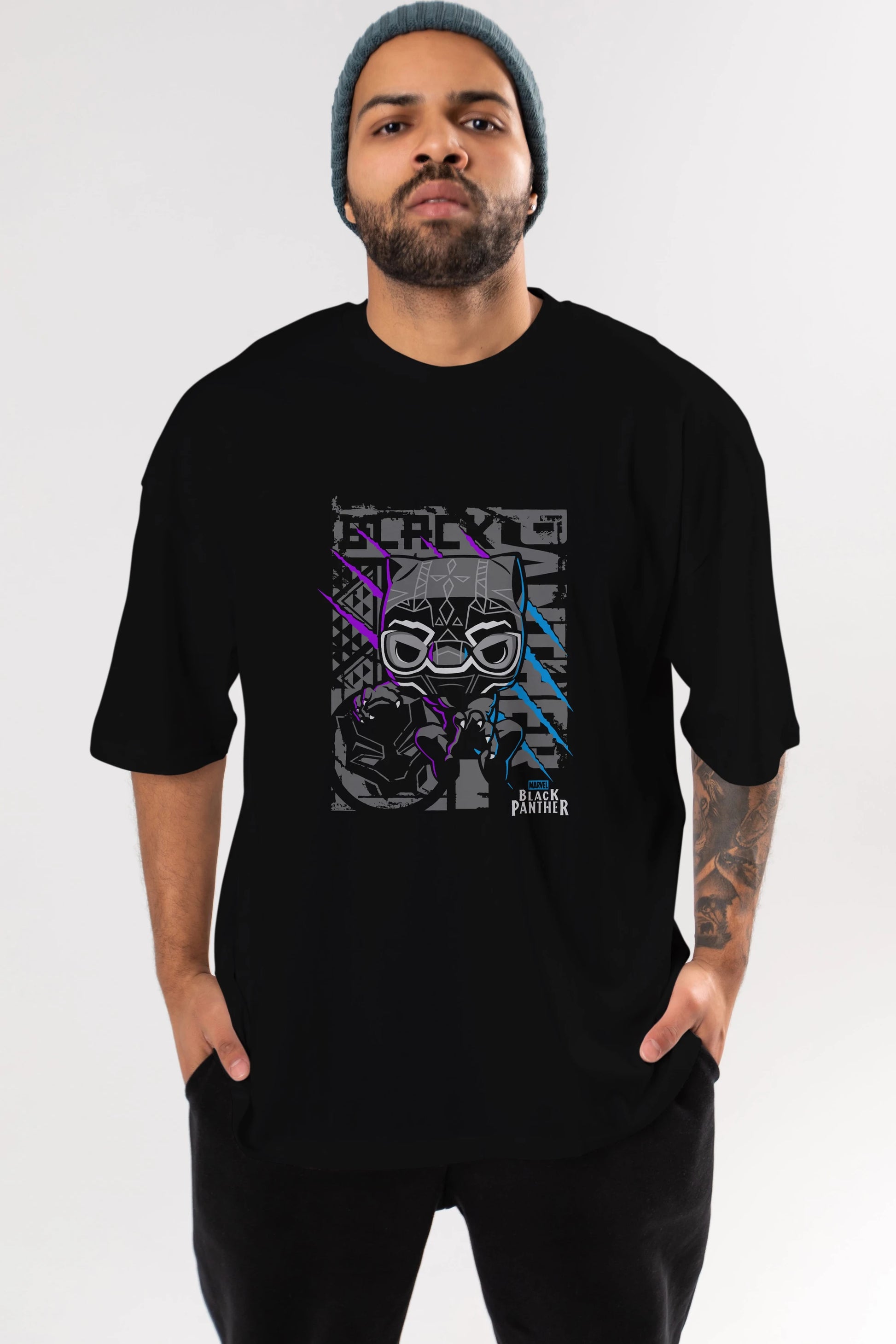 Black Panther Ön Baskılı Oversize t-shirt Erkek Kadın Unisex %100 Pamuk Bisiklet Yaka tişort
