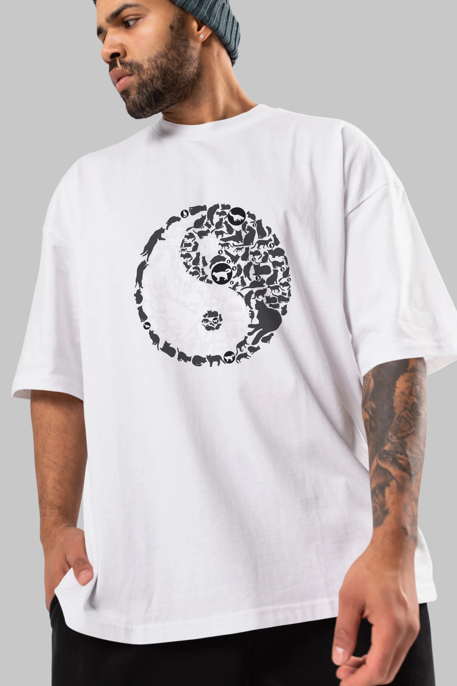 YinYang Cats Ön Baskılı Oversize t-shirt %100 pamuk Erkek Kadın Unisex