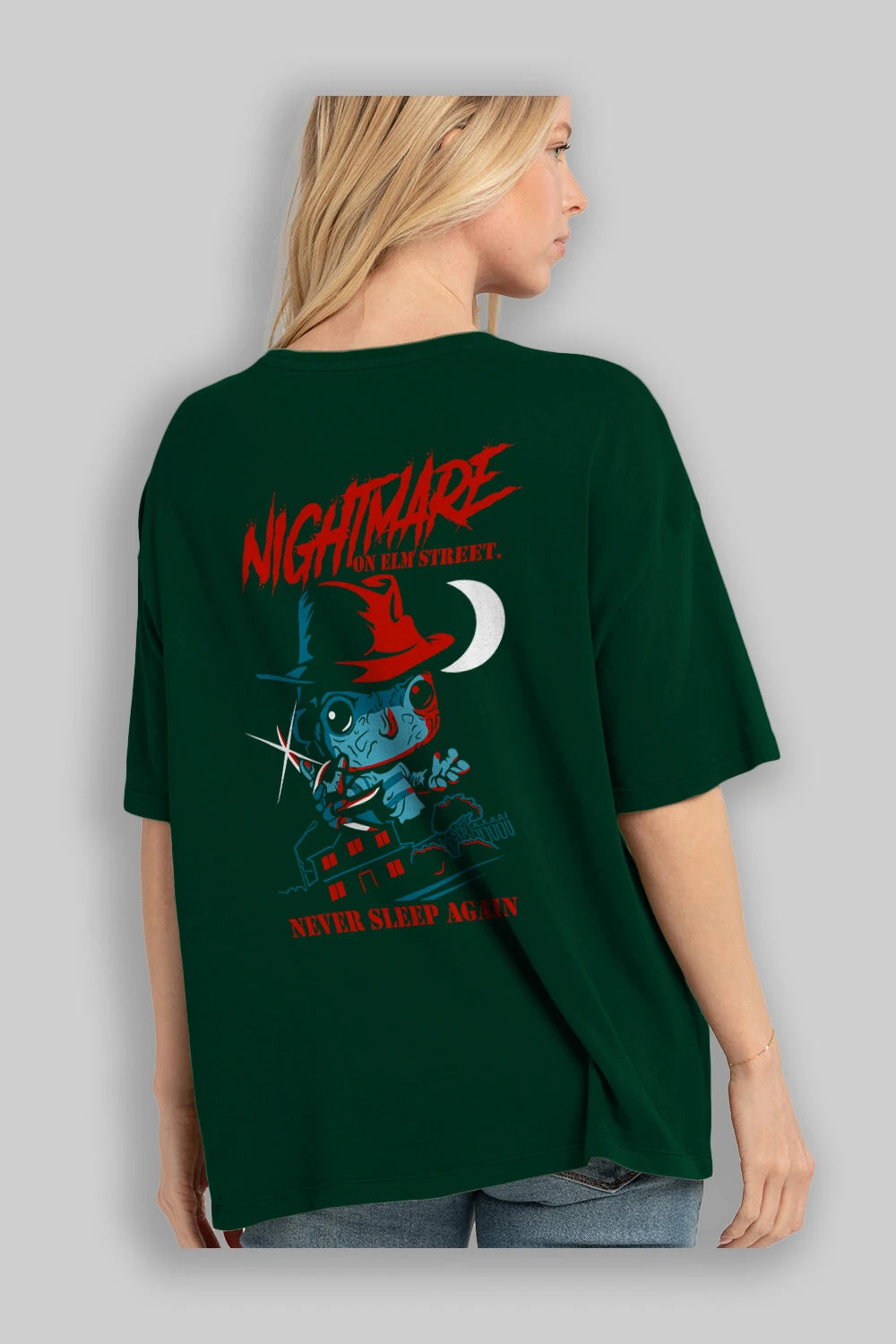 Nightmare Elm Sokağı Arka Baskılı Oversize t-shirt Erkek Kadın Unisex %100 Pamuk Bisiklet Yaka tişort