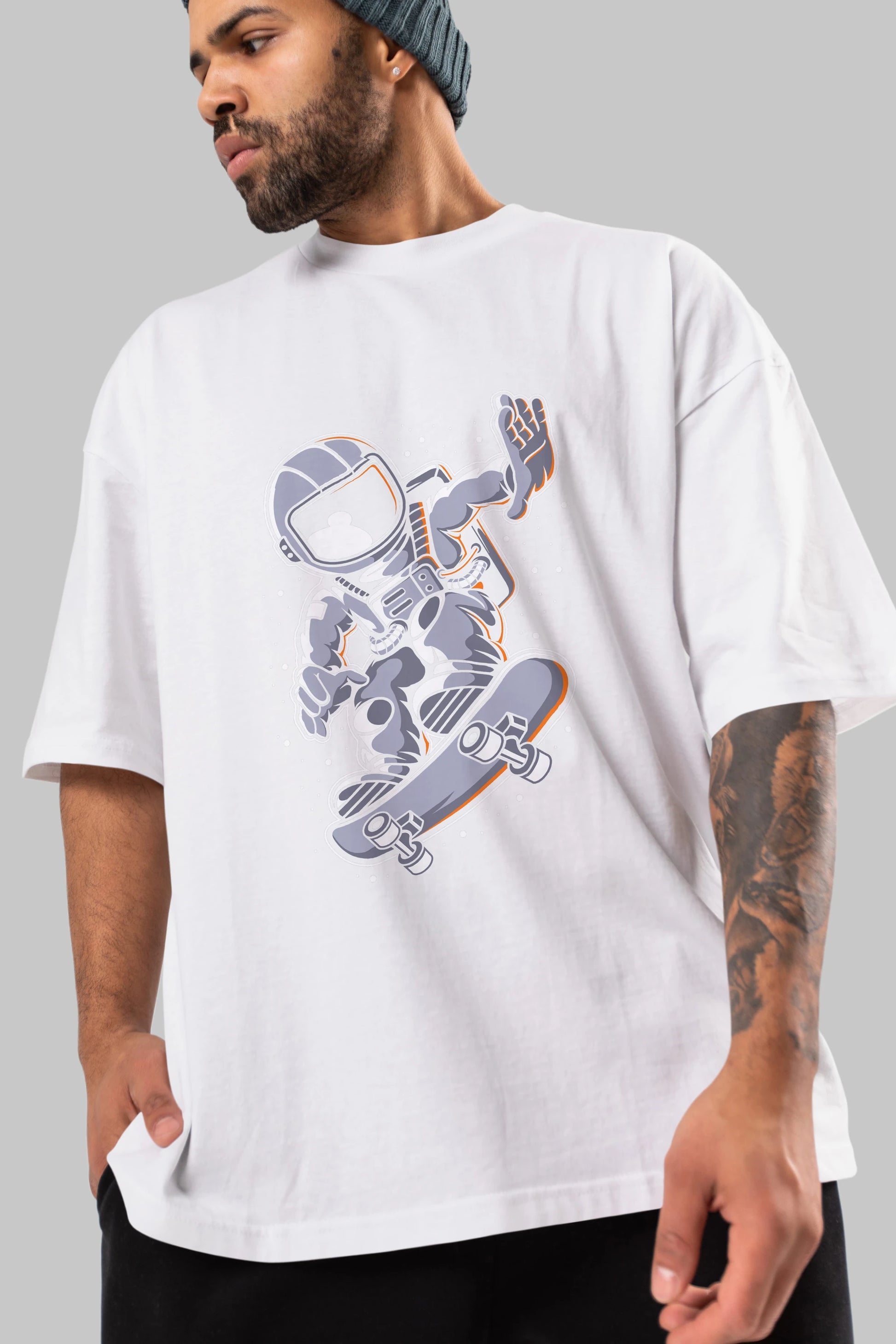 Astronaut Skateboard Ön Baskılı Oversize t-shirt Erkek Kadın Unisex
