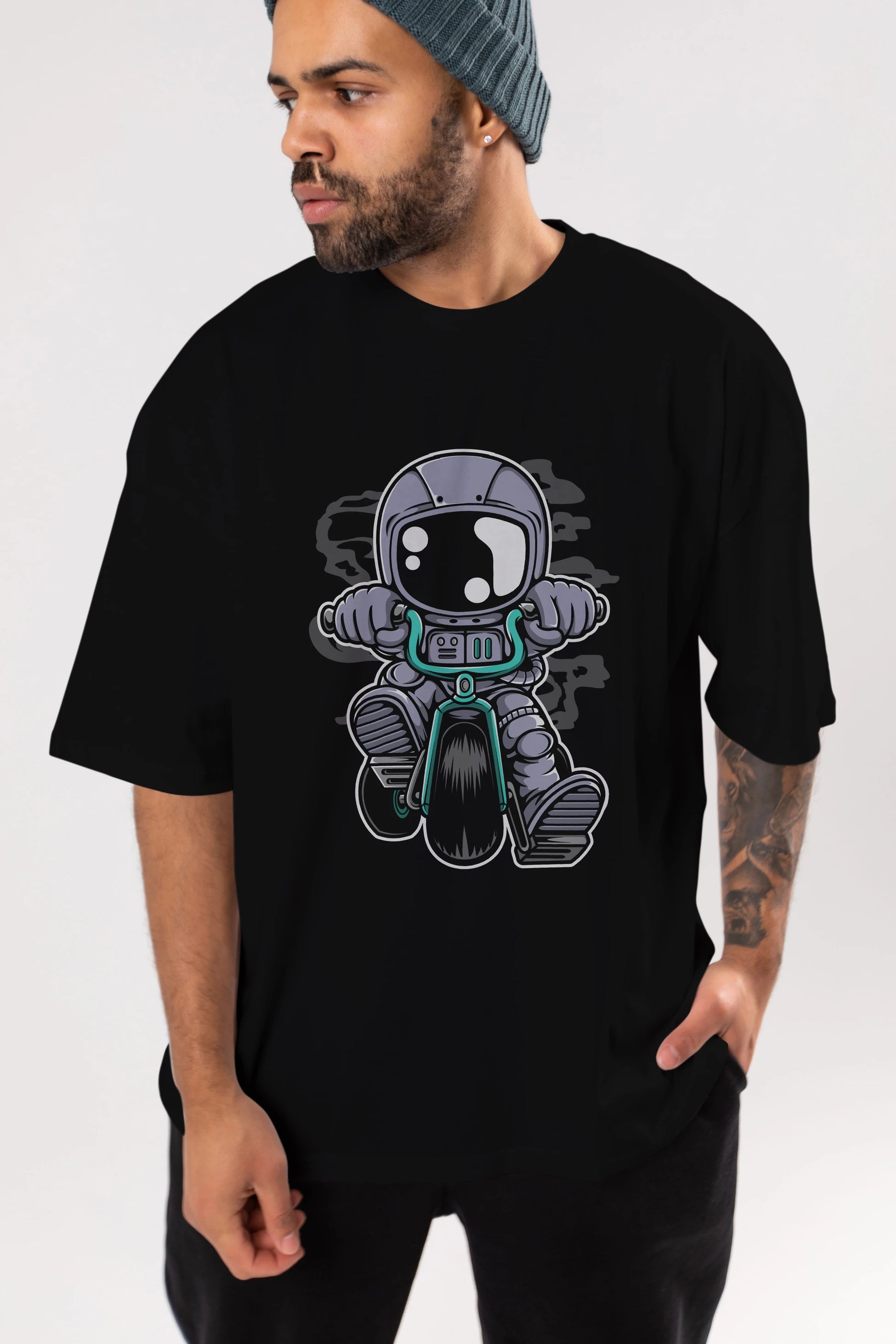 Astronaut Biker Ön Baskılı Oversize t-shirt Erkek Kadın Unisex