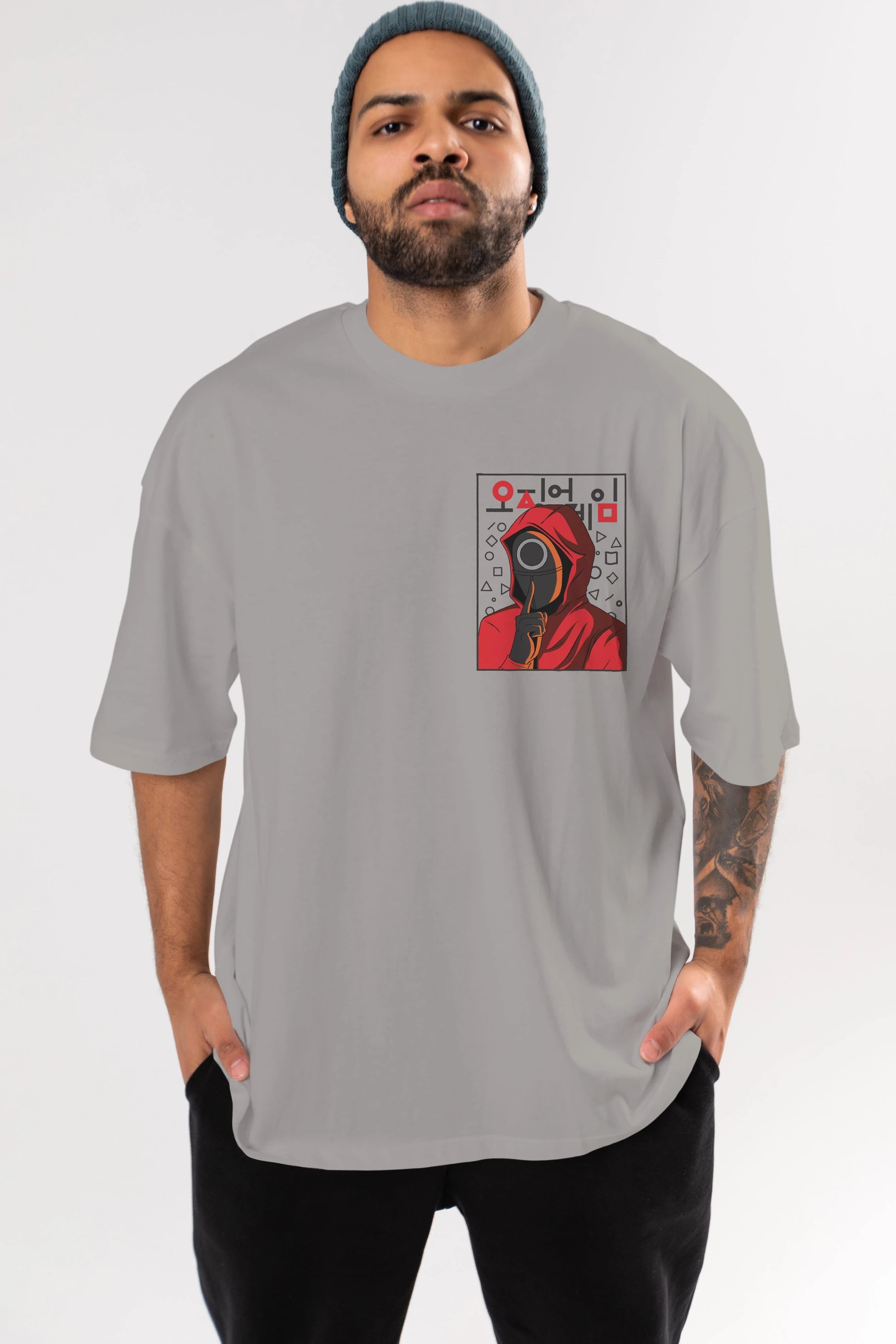 Squid Game (5) Ön Sol Baskılı Oversize t-shirt Erkek Kadın Unisex %100 Pamuk Bisiklet Yaka tişort