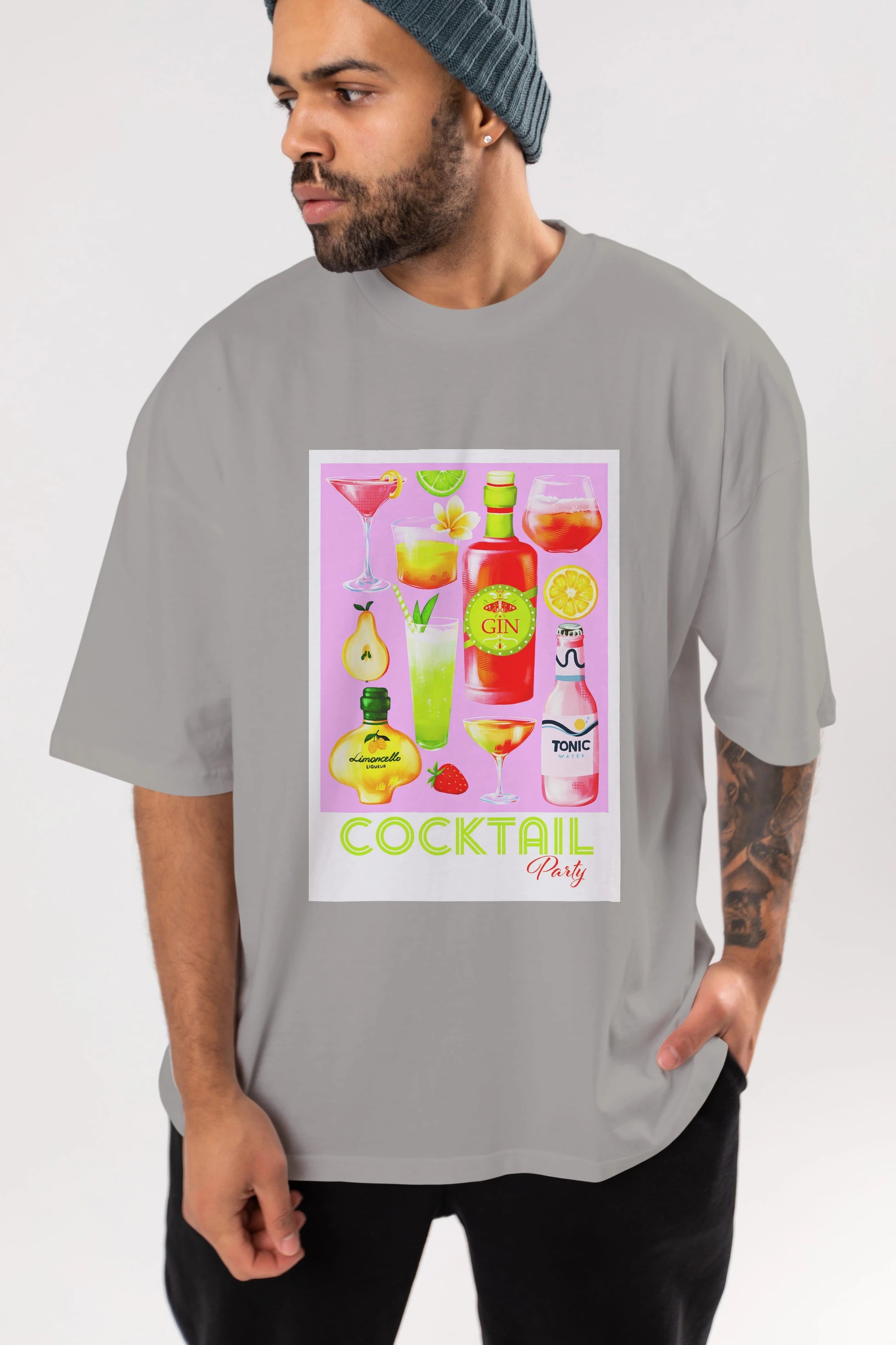 Cocktail Party Ön Baskılı Oversize t-shirt Erkek Kadın Unisex %100 Pamuk Bisiklet Yaka tişort