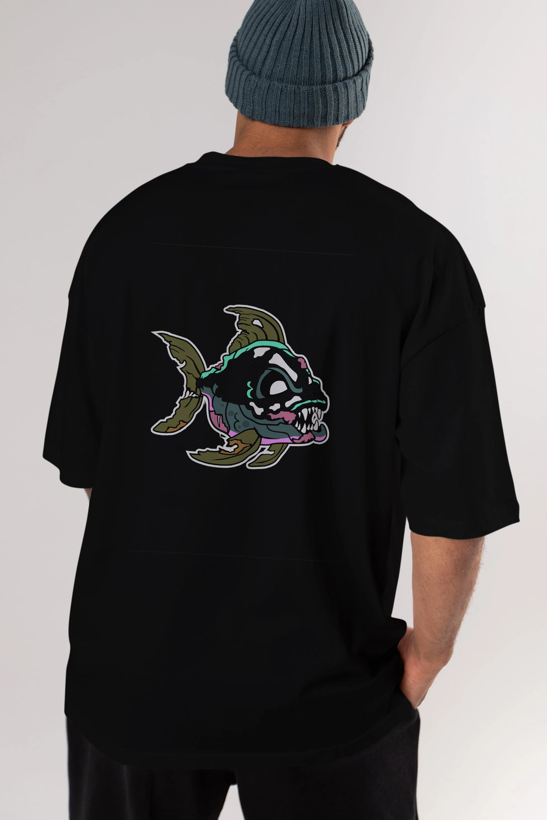 Fish Monster Arka Baskılı Oversize t-shirt Erkek Kadın Unisex %100 Pamuk tişort