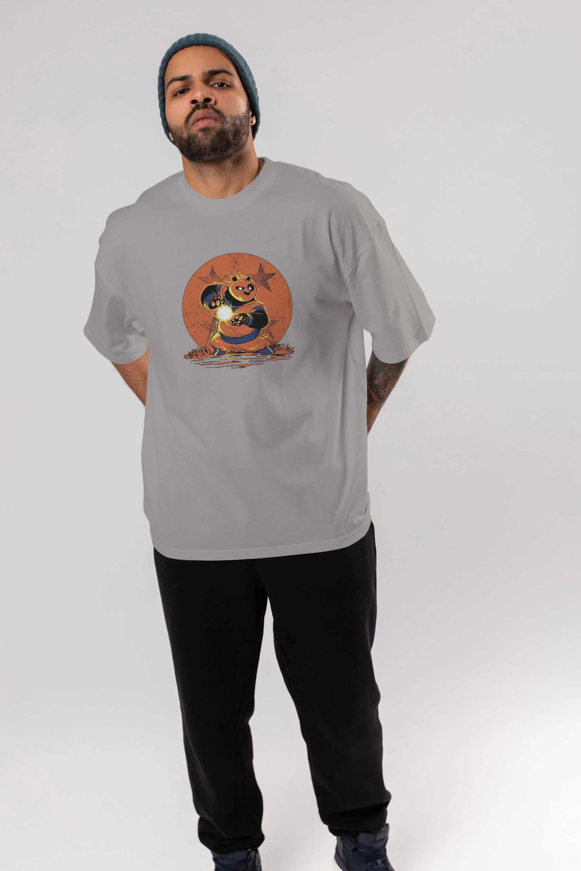 Kung Fu Panda Ön Baskılı Oversize t-shirt Erkek Kadın Unisex %100 Pamuk Bisiklet Yaka tişort