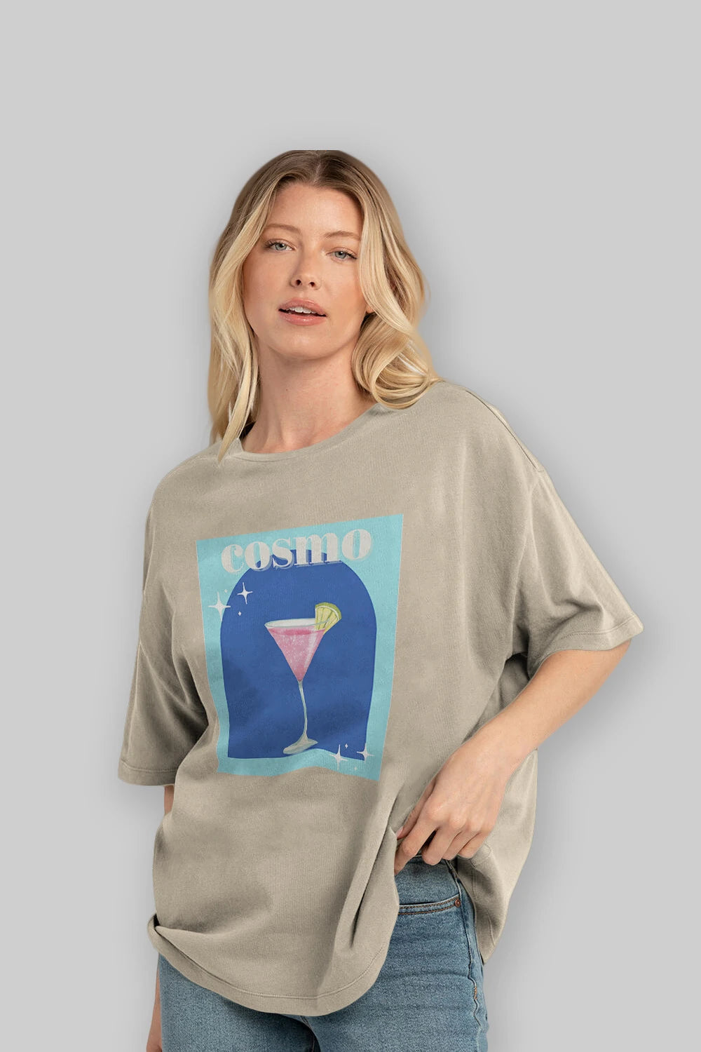 Cosmopolitan 2 Ön Baskılı Oversize t-shirt Erkek Kadın Unisex %100 Pamuk Bisiklet Yaka tişort