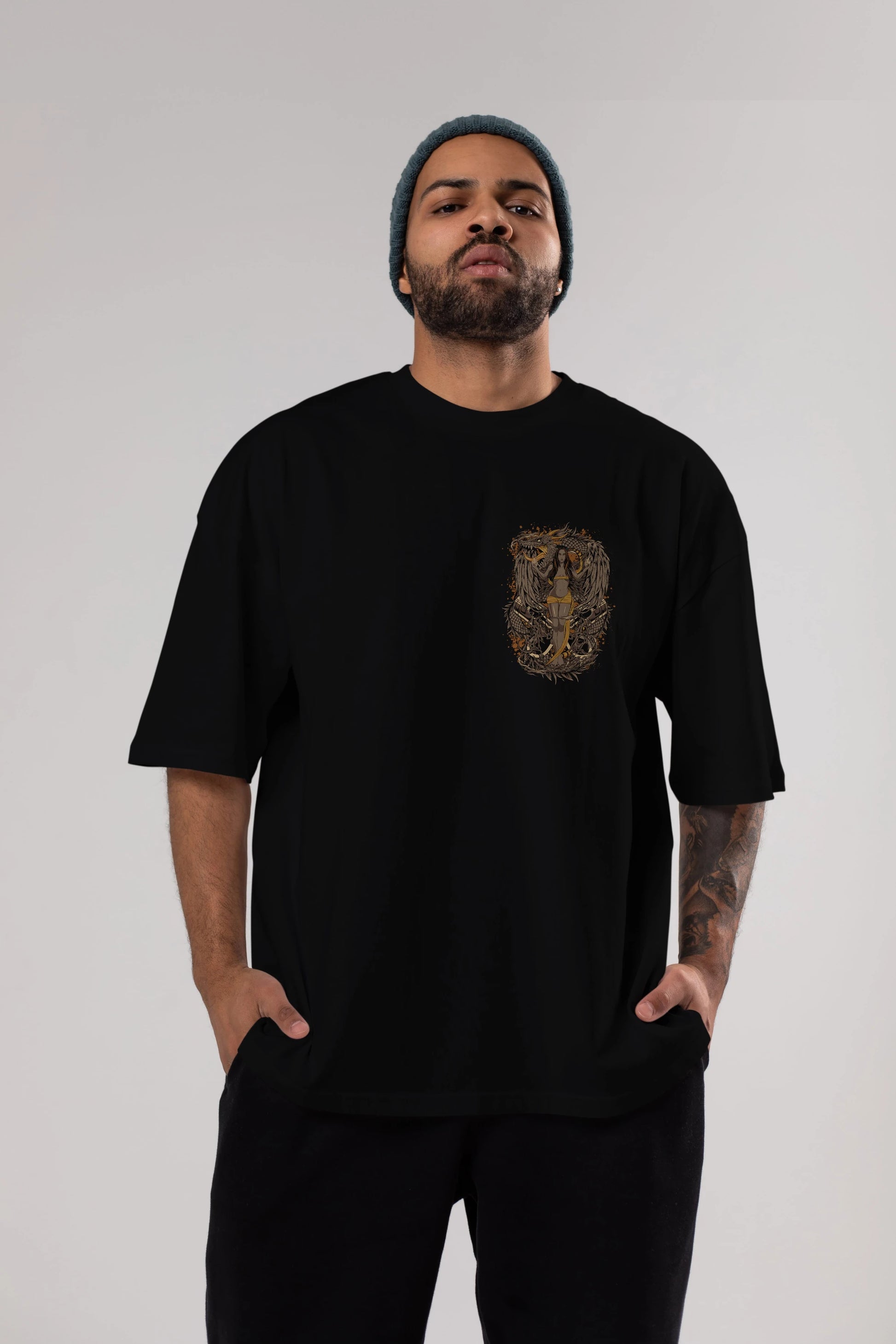 TRIBAL (3) Ön Sol Baskılı Oversize t-shirt Erkek Kadın Unisex %100 Pamuk Bisiklet Yaka tişort