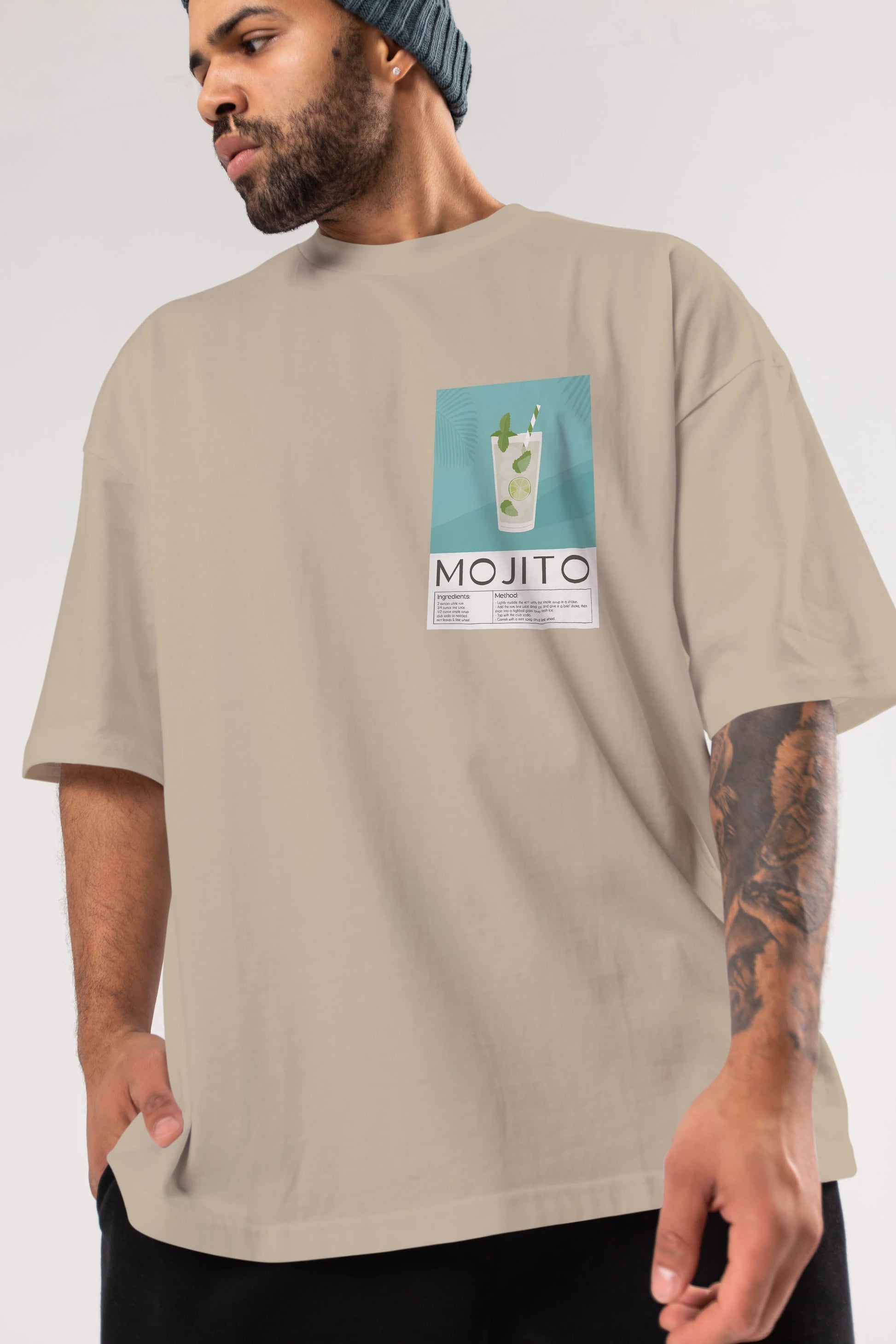 Mojito 4 Ön Sol Baskılı Oversize t-shirt Erkek Kadın Unisex %100 Pamuk Bisiklet Yaka tişort