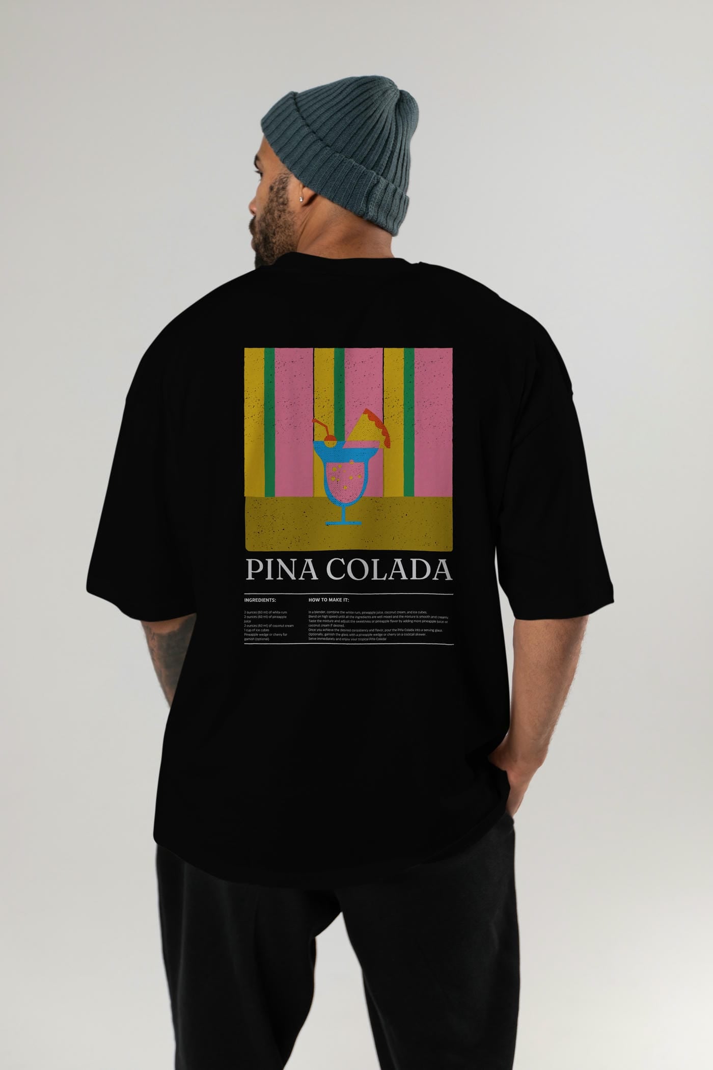 Pina Colada Kokteyl Serisi Arka Baskılı Oversize t-shirt Erkek Kadın %100 Pamuk Bisiklet Yaka tişort