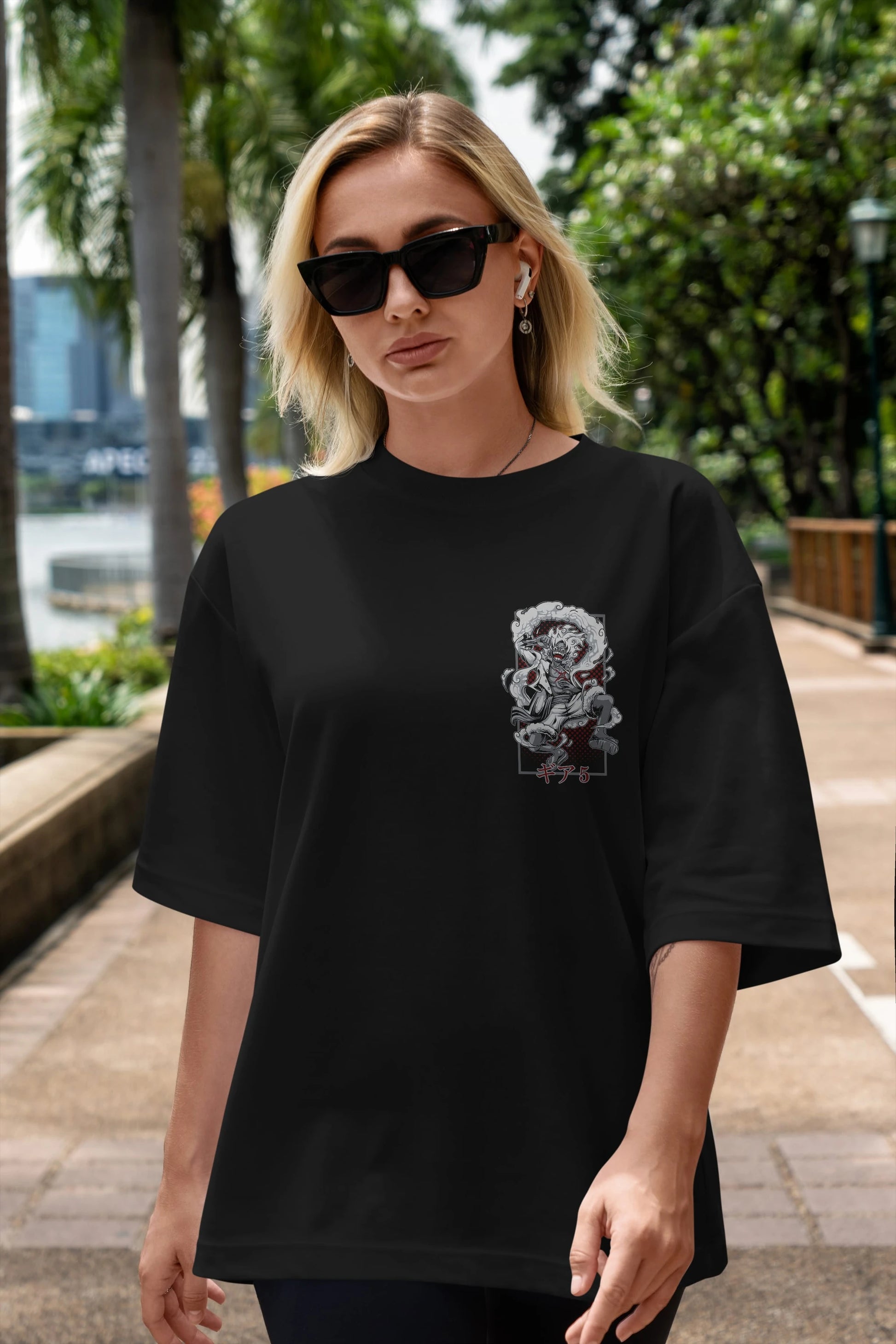 LUFFY GEAR 5 Ön Sol Baskılı Oversize t-shirt Erkek Kadın Unisex %100 Pamuk Bisiklet Yaka tişort
