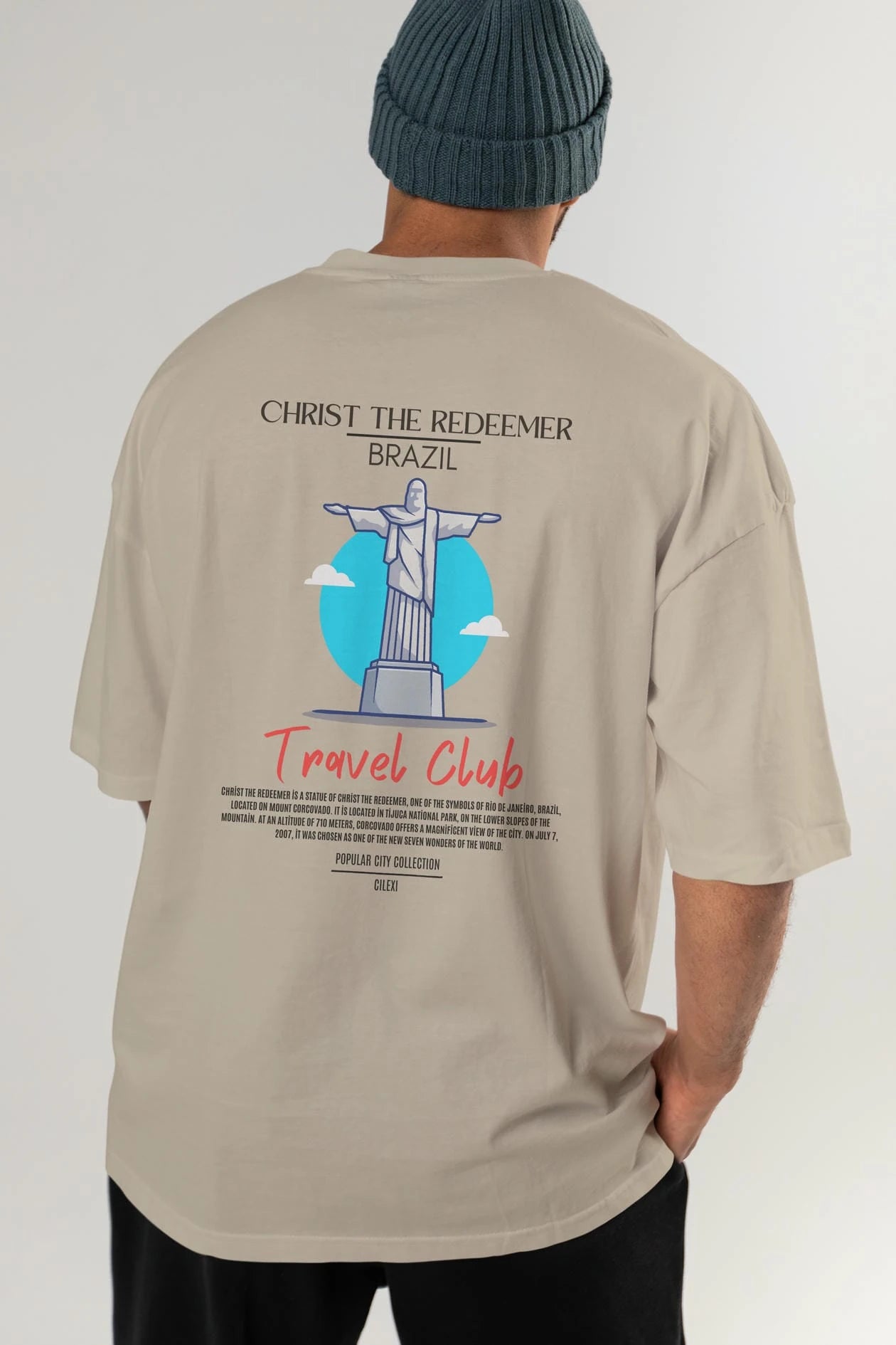 Christ The Redeemer Brazil Arka Baskılı Oversize t-shirt Erkek Kadın Pamuk Bisiklet Yaka tişort
