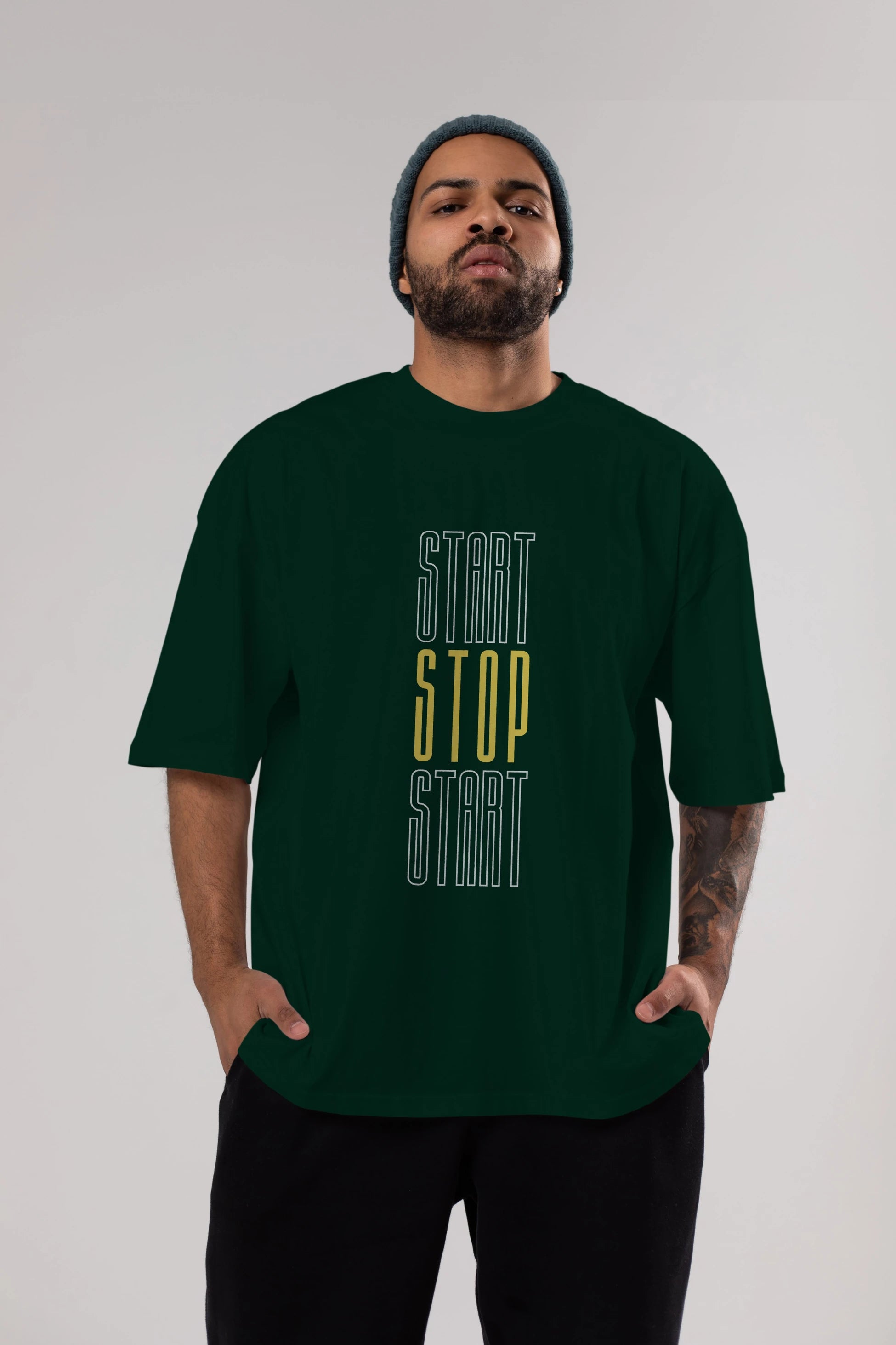 Start Stop Start Yazılı Ön Baskılı Oversize t-shirt Erkek Kadın Unisex