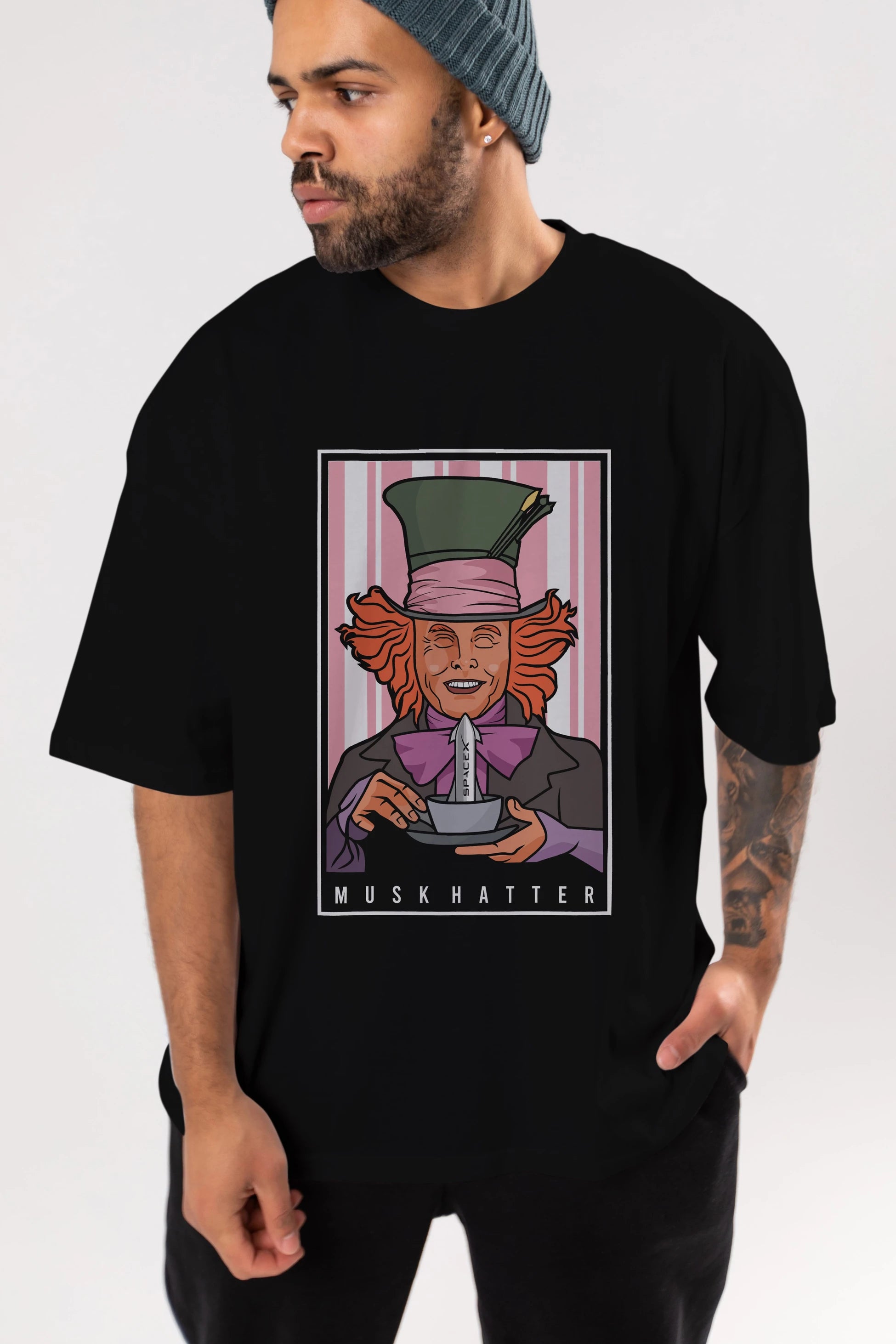 Mad Hatter Elon Musk Ön Baskılı Oversize t-shirt Erkek Kadın Unisex %100 Pamuk tişort