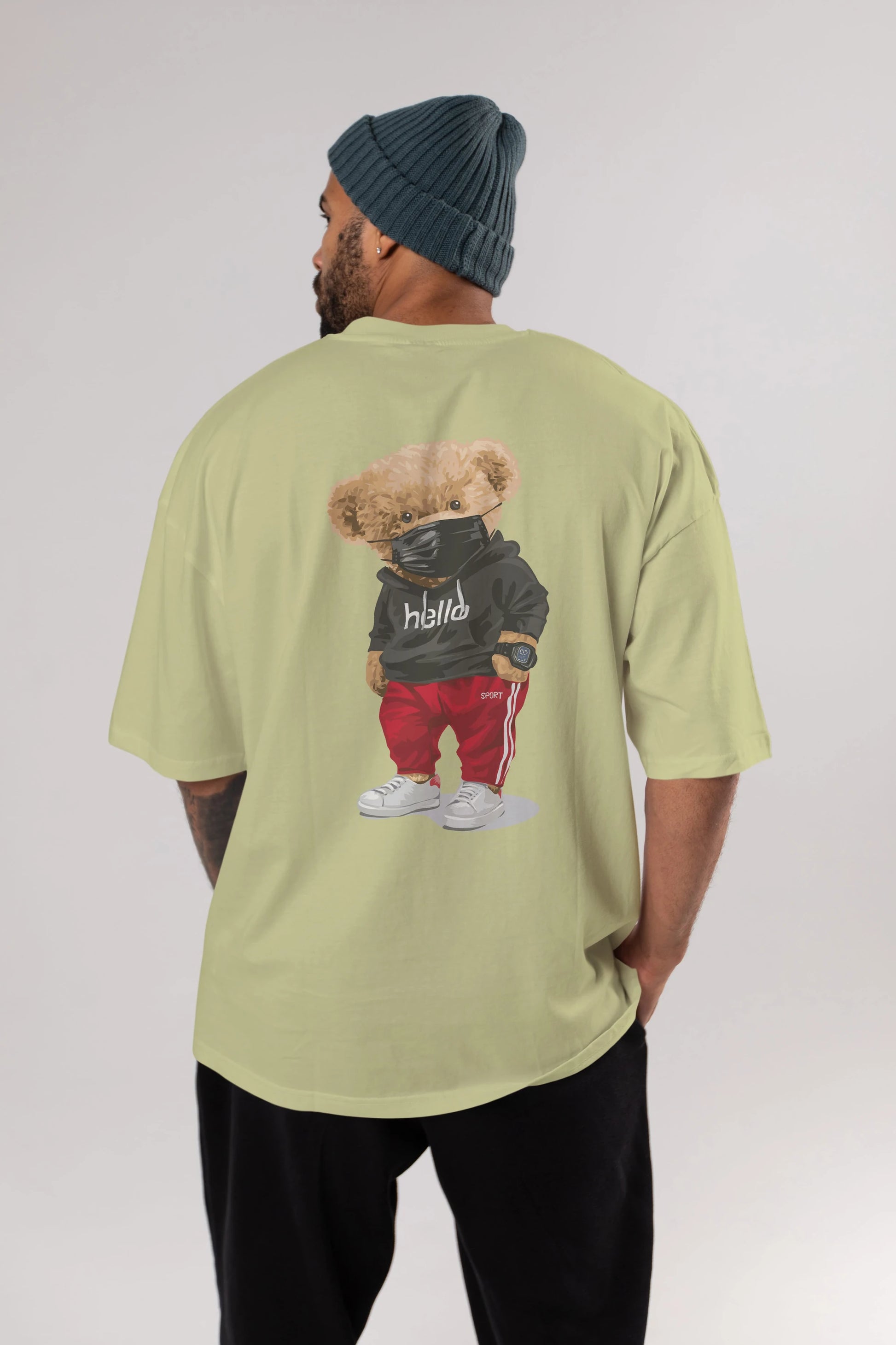 Teddy Bear Hello Sport Arka Baskılı Oversize t-shirt Erkek Kadın Unisex %100 Pamuk