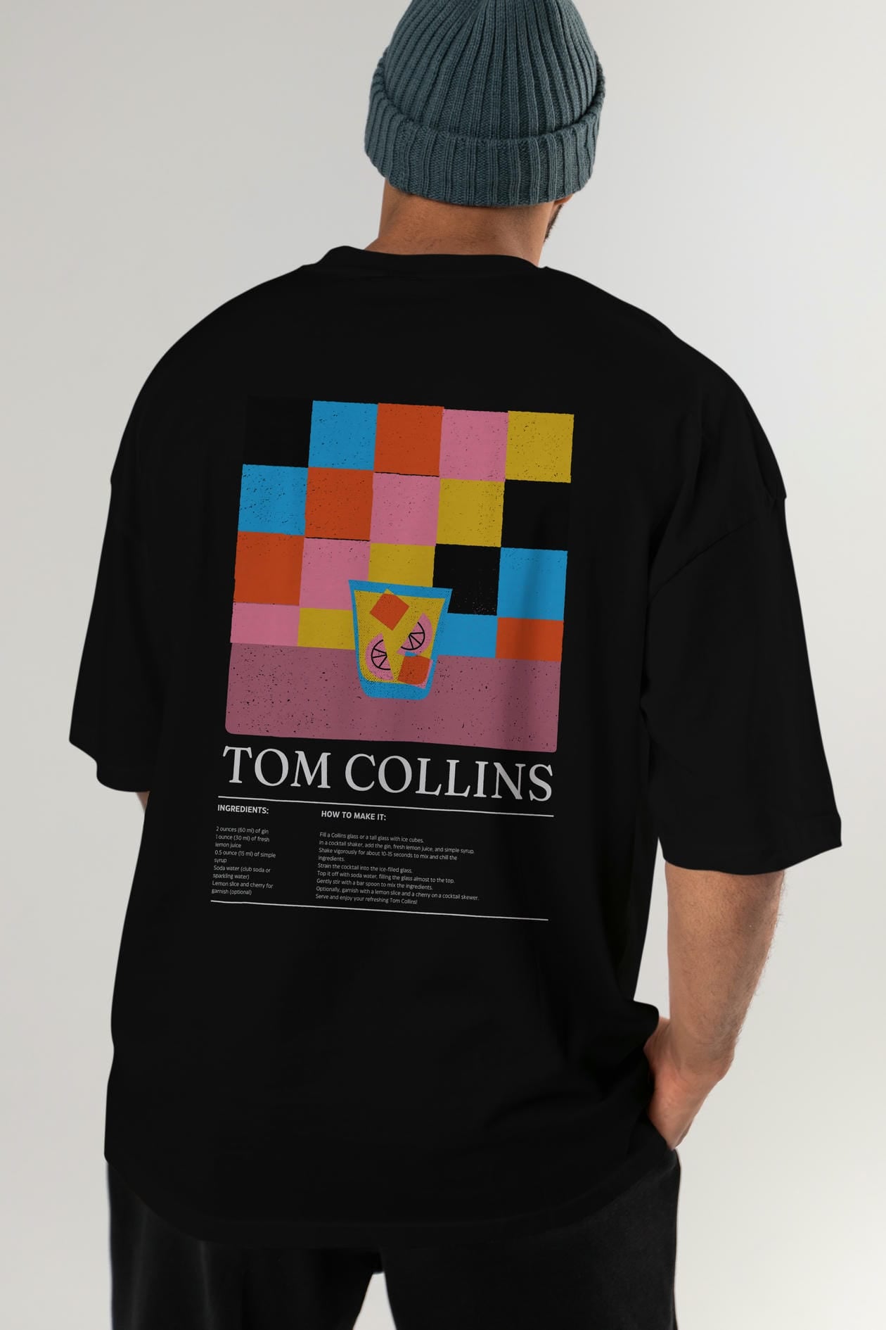 Tom Collins Kokteyl Serisi Arka Baskılı Oversize t-shirt Erkek Kadın %100 Pamuk Bisiklet Yaka tişort