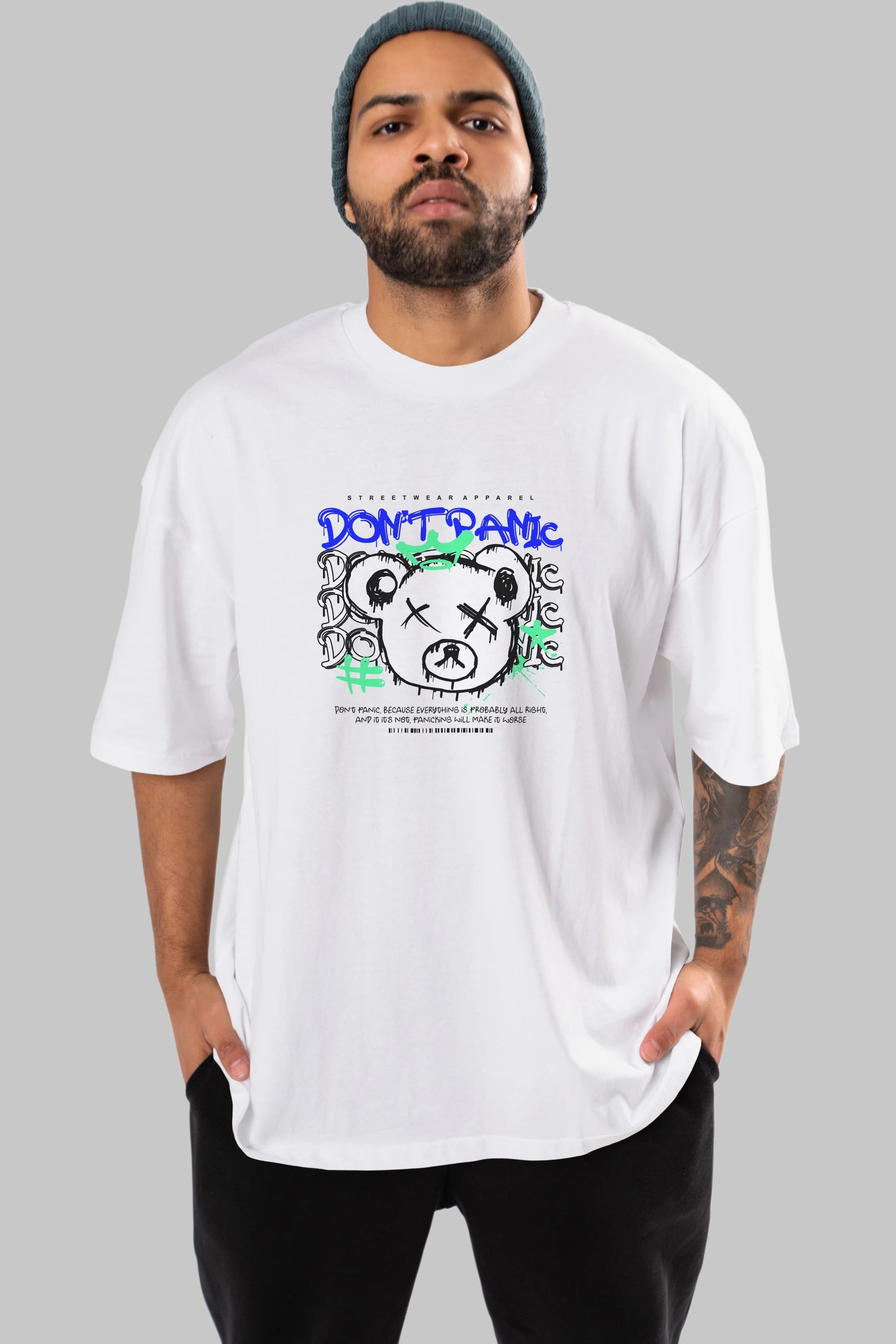 Teddy Bear Dont Panic Ön Baskılı Oversize t-shirt Erkek Kadın Unisex