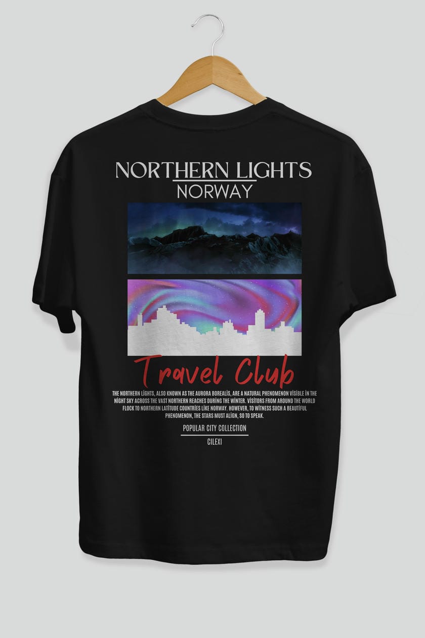 Northern Lights Norway Arka Baskılı Oversize t-shirt Erkek Kadın Pamuk Bisiklet Yaka tişort