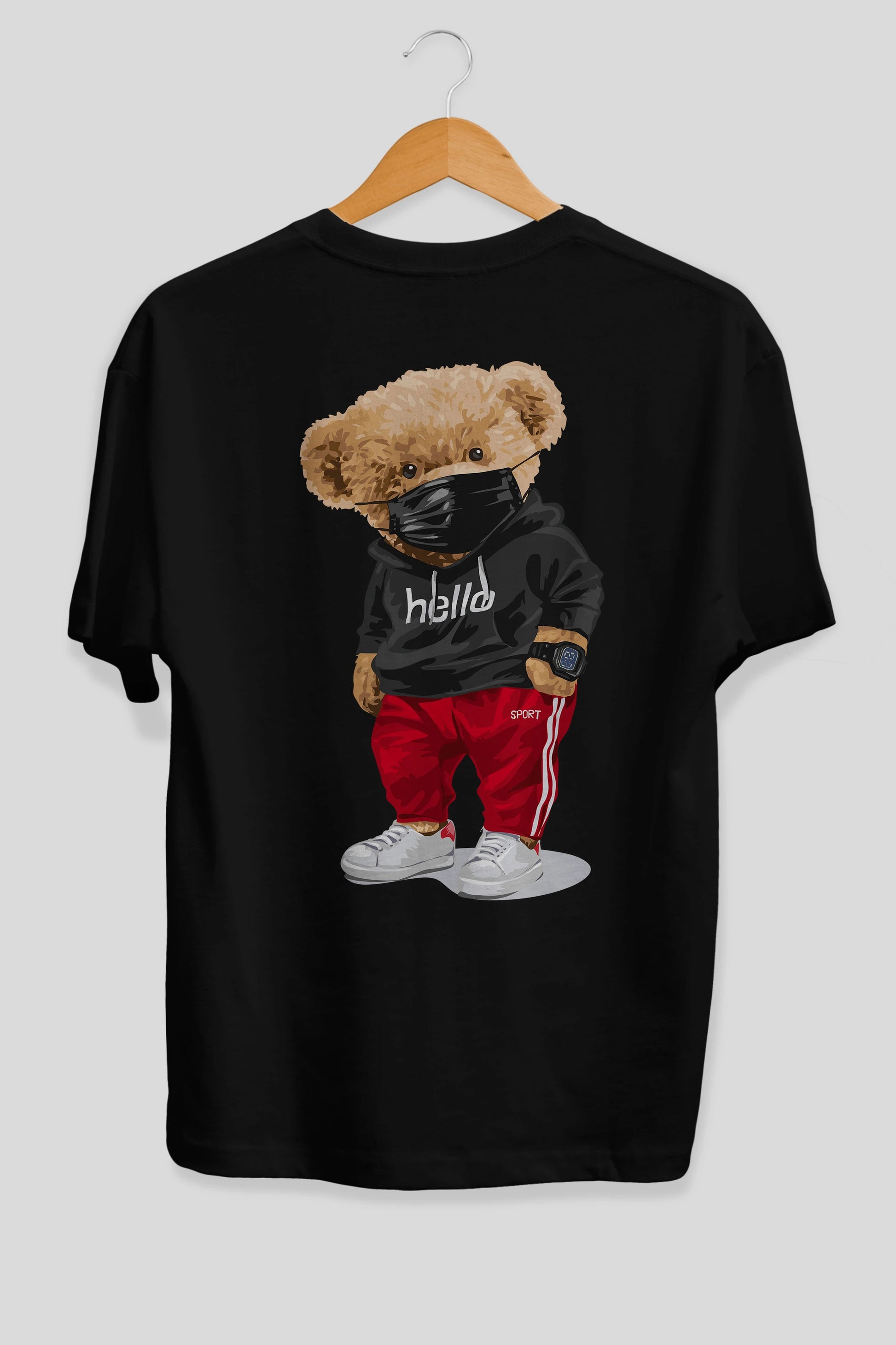 Teddy Bear Hello Sport Arka Baskılı Oversize t-shirt Erkek Kadın Unisex %100 Pamuk