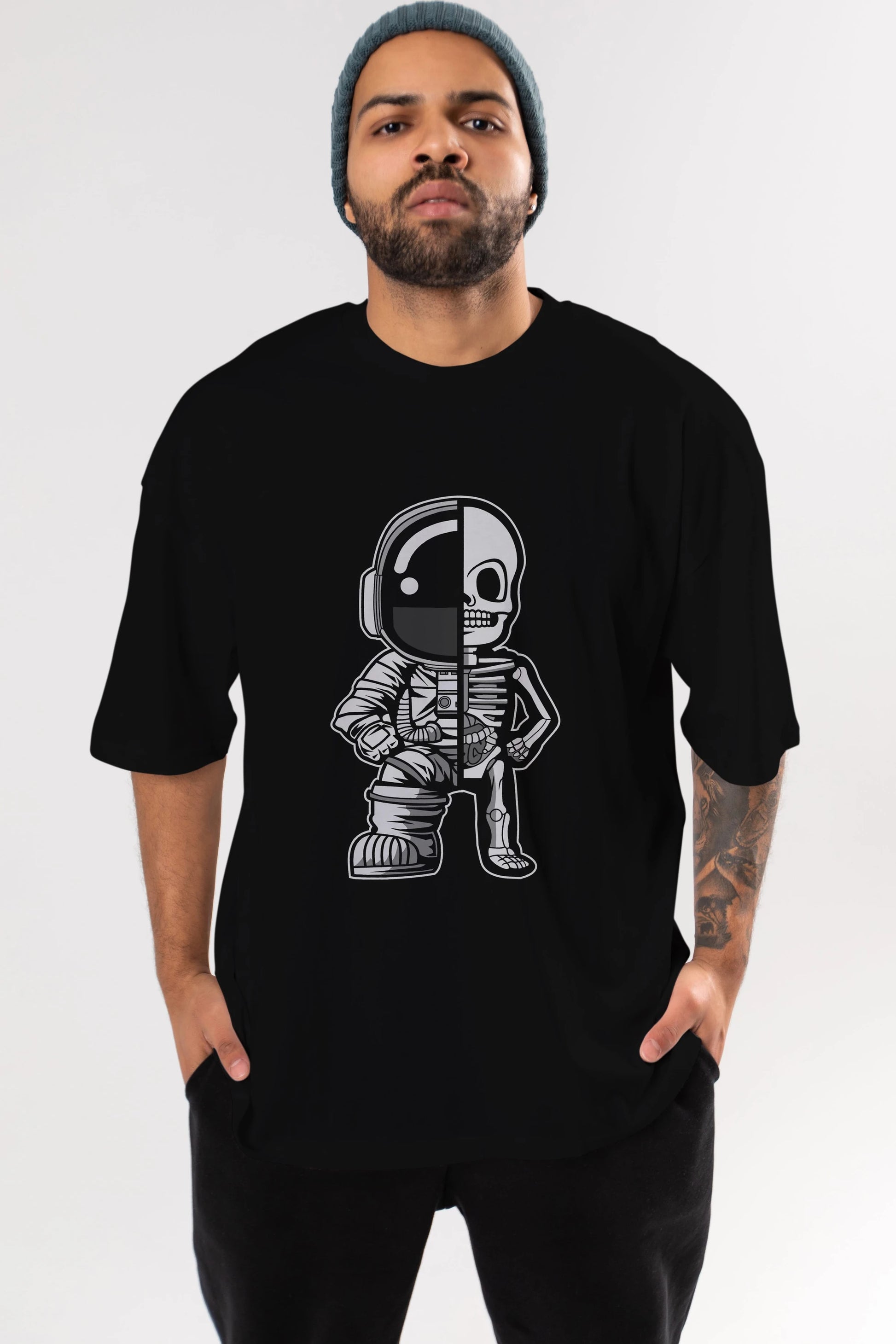 Astronaut Half Skeleton Ön Baskılı Oversize t-shirt Erkek Kadın Unisex