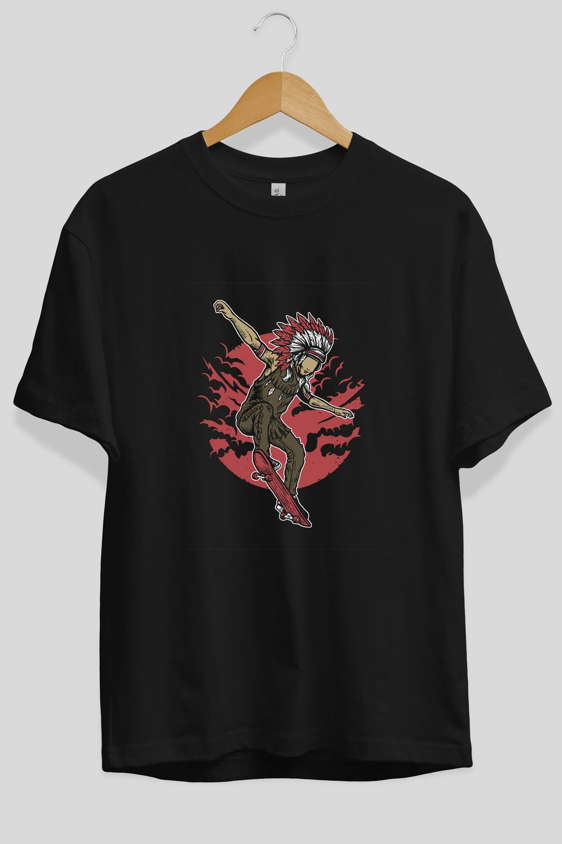 Indian Chief Skateboard Ön Baskılı Oversize t-shirt Erkek Kadın Unisex %100 Pamuk tişort