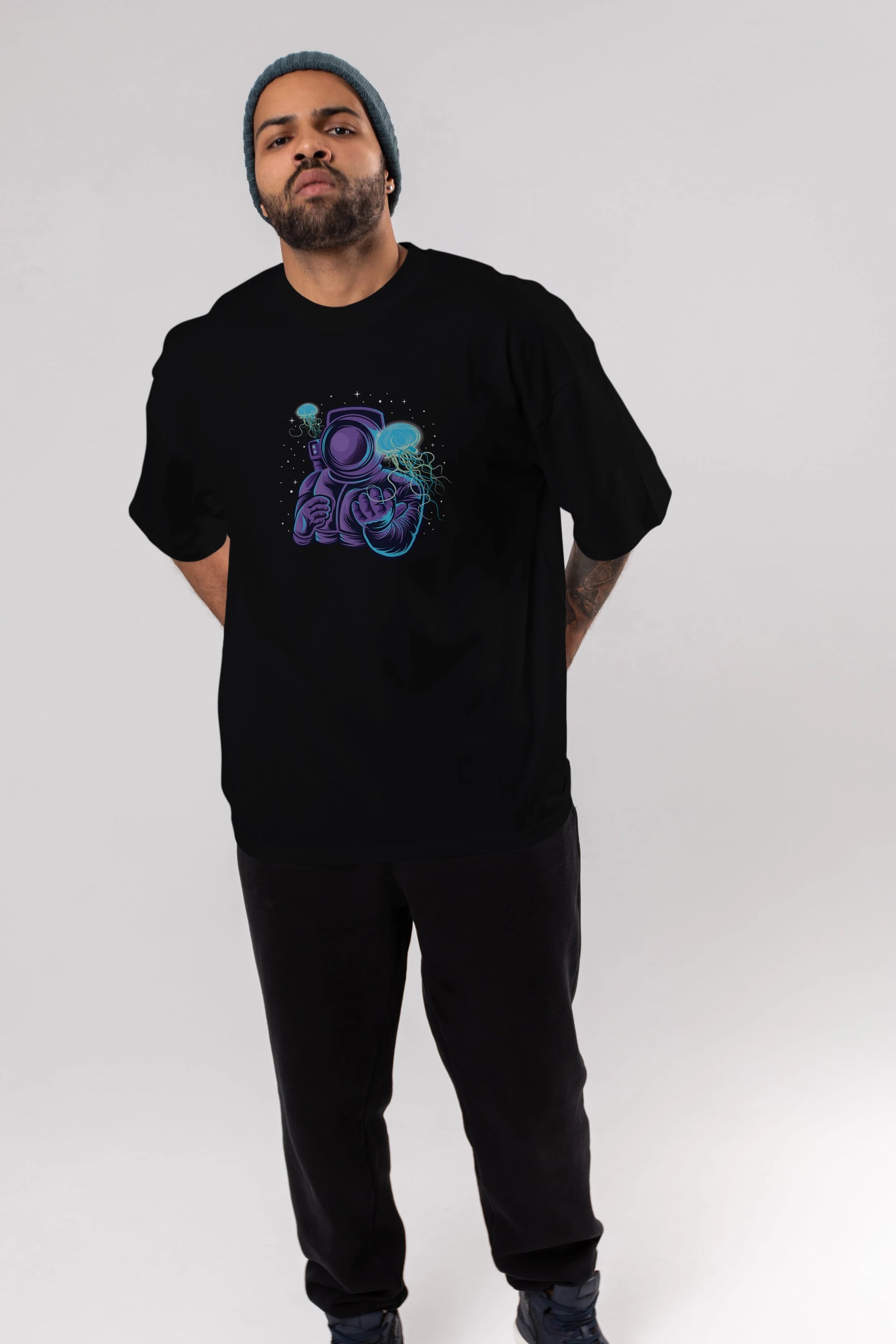 Astronaut and Jellyfish Ön Baskılı Oversize t-shirt Erkek Kadın Unisex