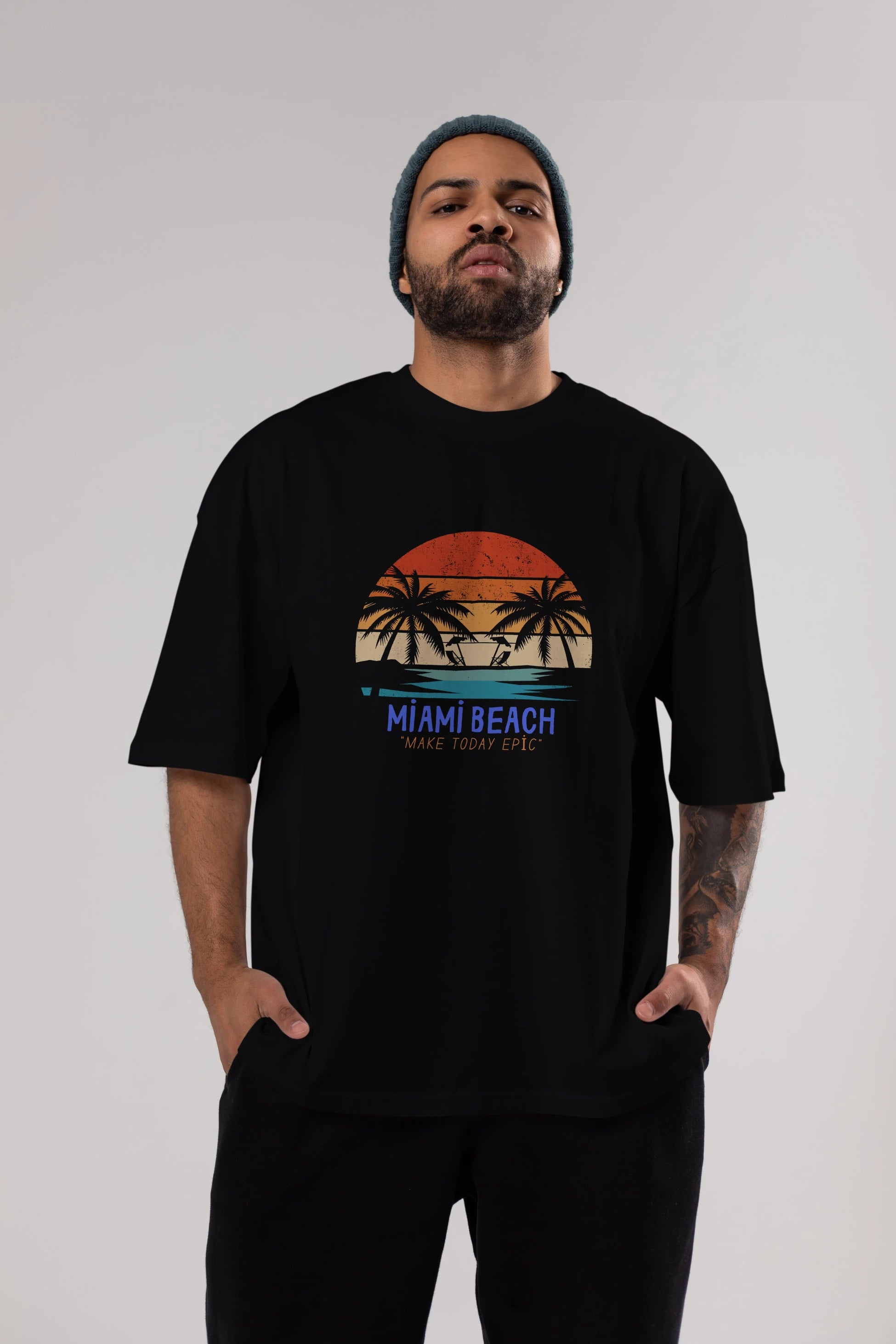 Miami Beach Yazılı Ön Baskılı Oversize t-shirt Erkek Kadın Unisex