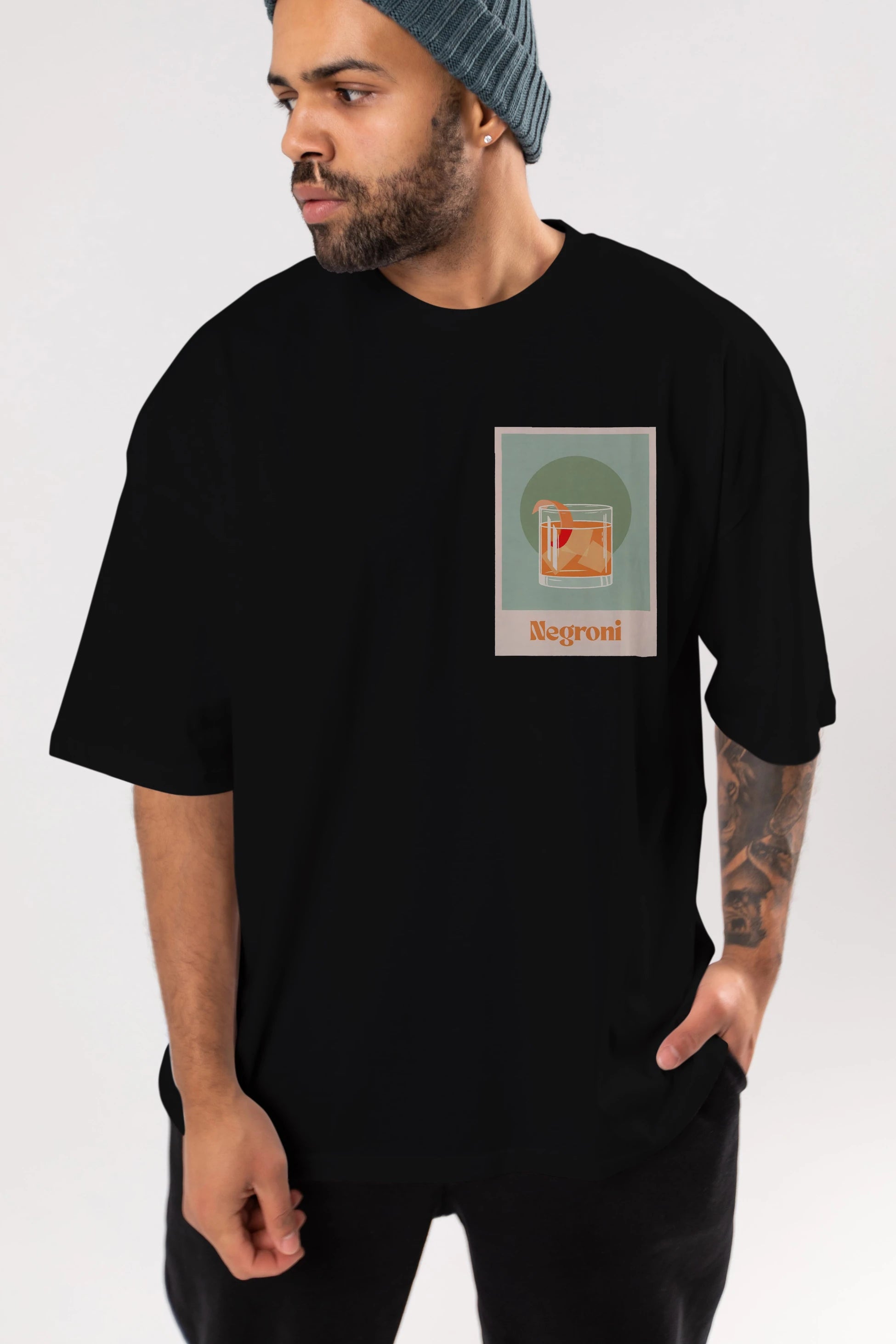 Negroni 5 Ön Sol Baskılı Oversize t-shirt Erkek Kadın Unisex %100 Pamuk Bisiklet Yaka tişort