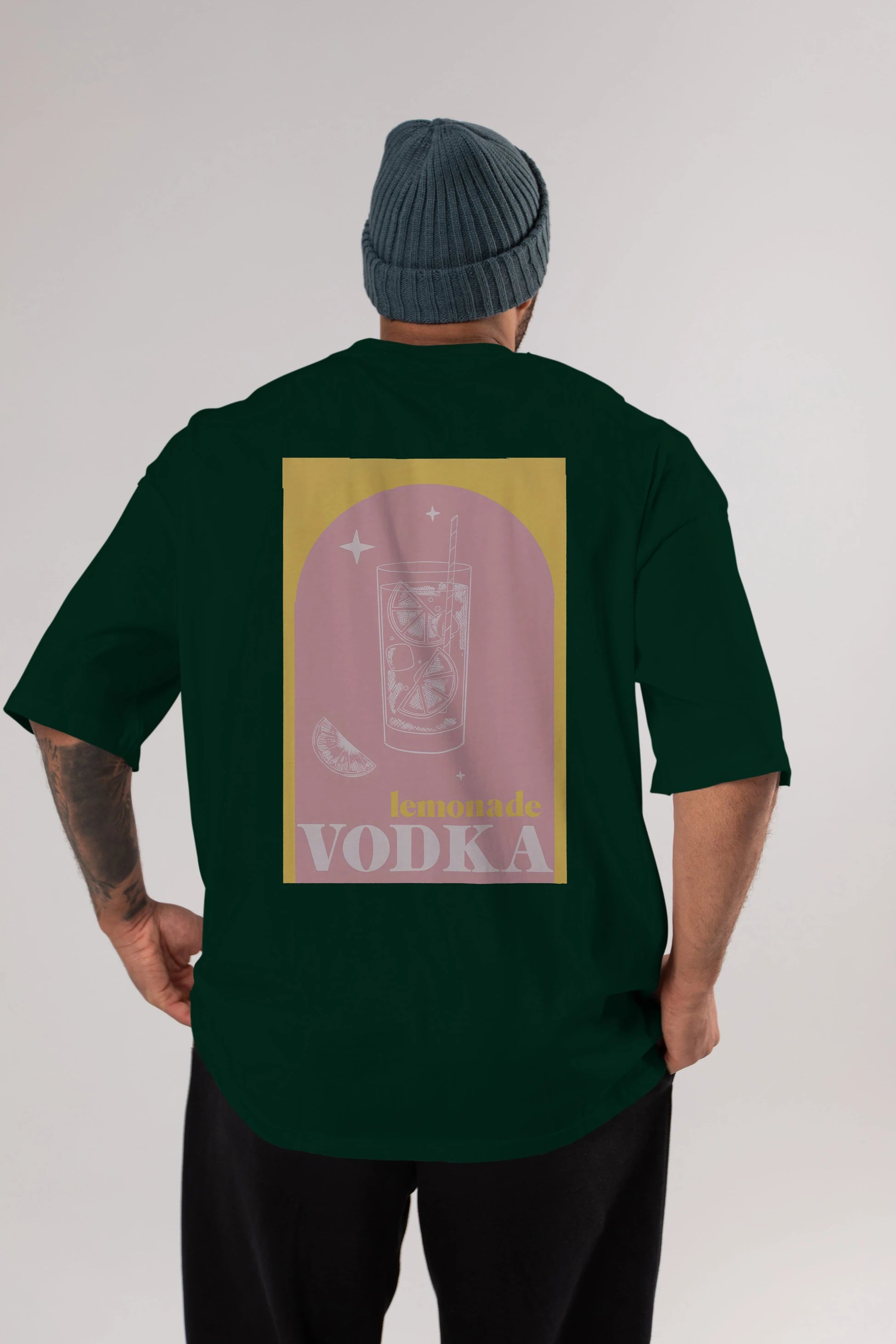 Vodka Limon Arka Baskılı Oversize t-shirt Erkek Kadın Unisex %100 Pamuk Bisiklet Yaka tişort