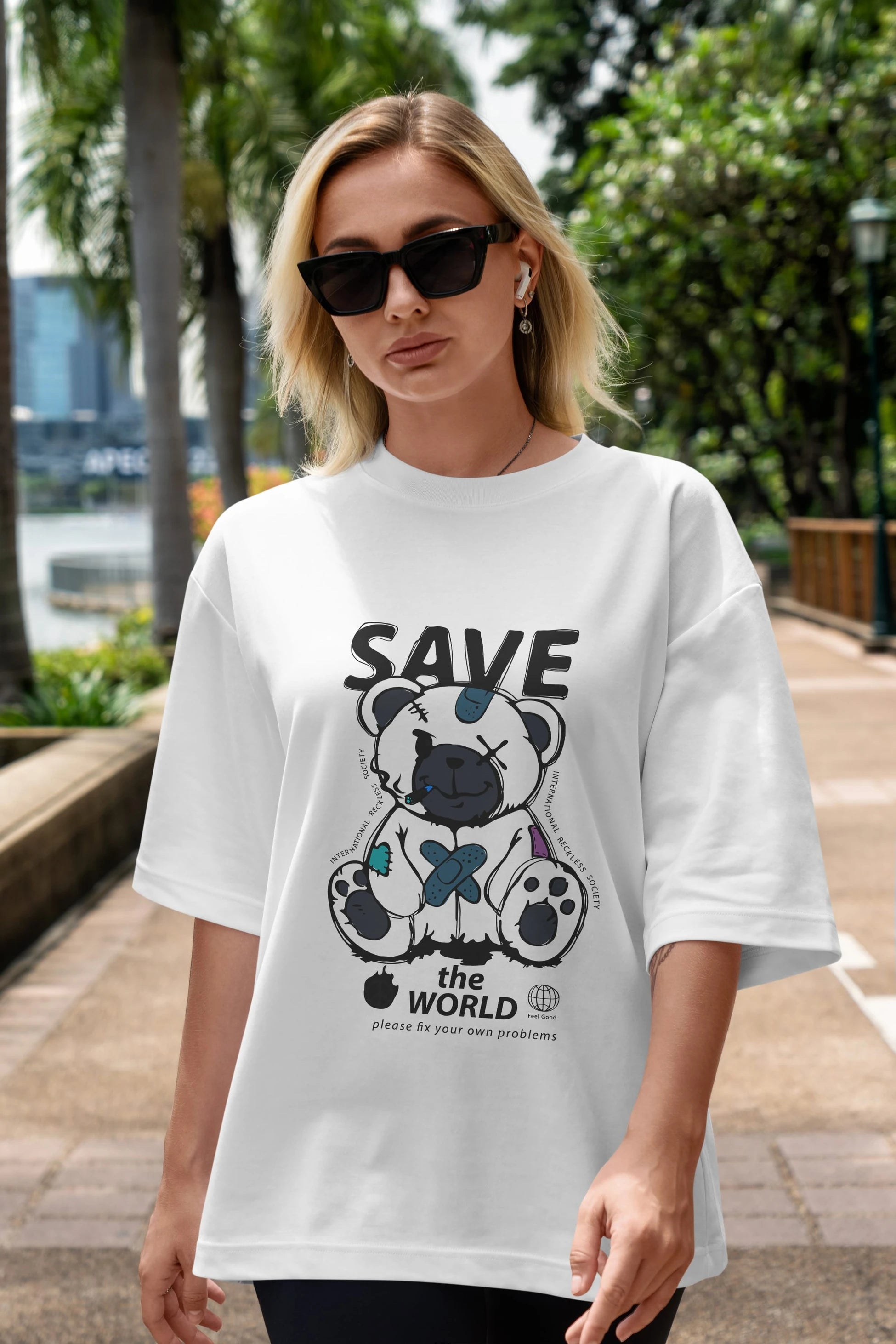 Save the World Bear Ön Baskılı Oversize t-shirt Erkek Kadın Unisex