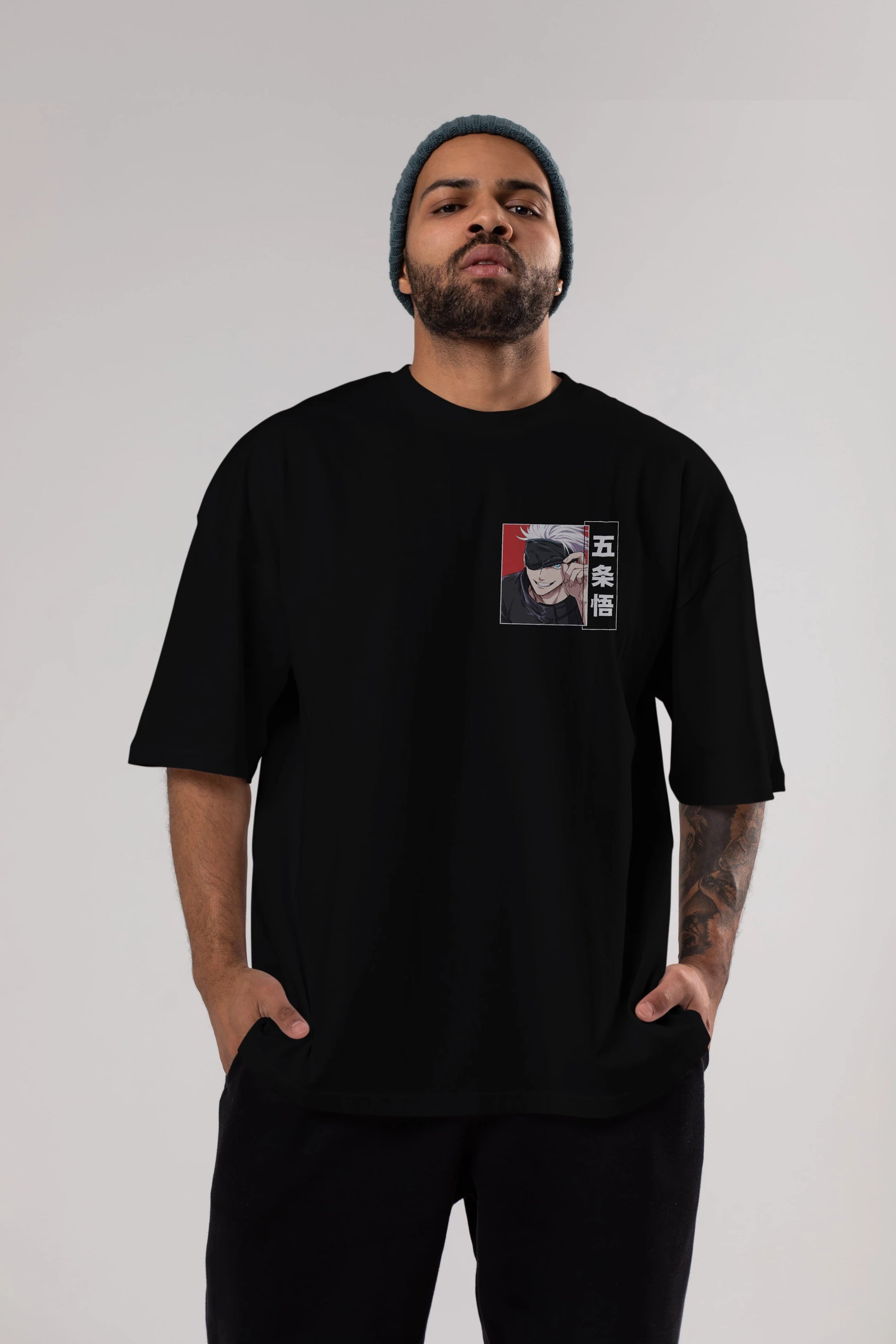 JUJUTSU KAISEN Ön Sol Baskılı Oversize t-shirt Erkek Kadın Unisex %100 Pamuk Bisiklet Yaka tişort