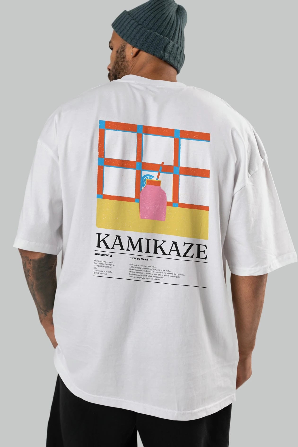 Kamikaze Kokteyl Serisi Arka Baskılı Oversize t-shirt Erkek Kadın %100 Pamuk Bisiklet Yaka tişort