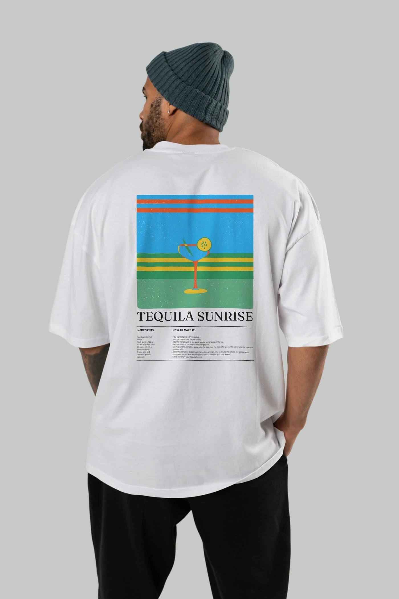 Tequila Sunrise Kokteyl Serisi Arka Baskılı Oversize t-shirt Erkek Kadın %100 Pamuk Bisiklet Yaka tişort