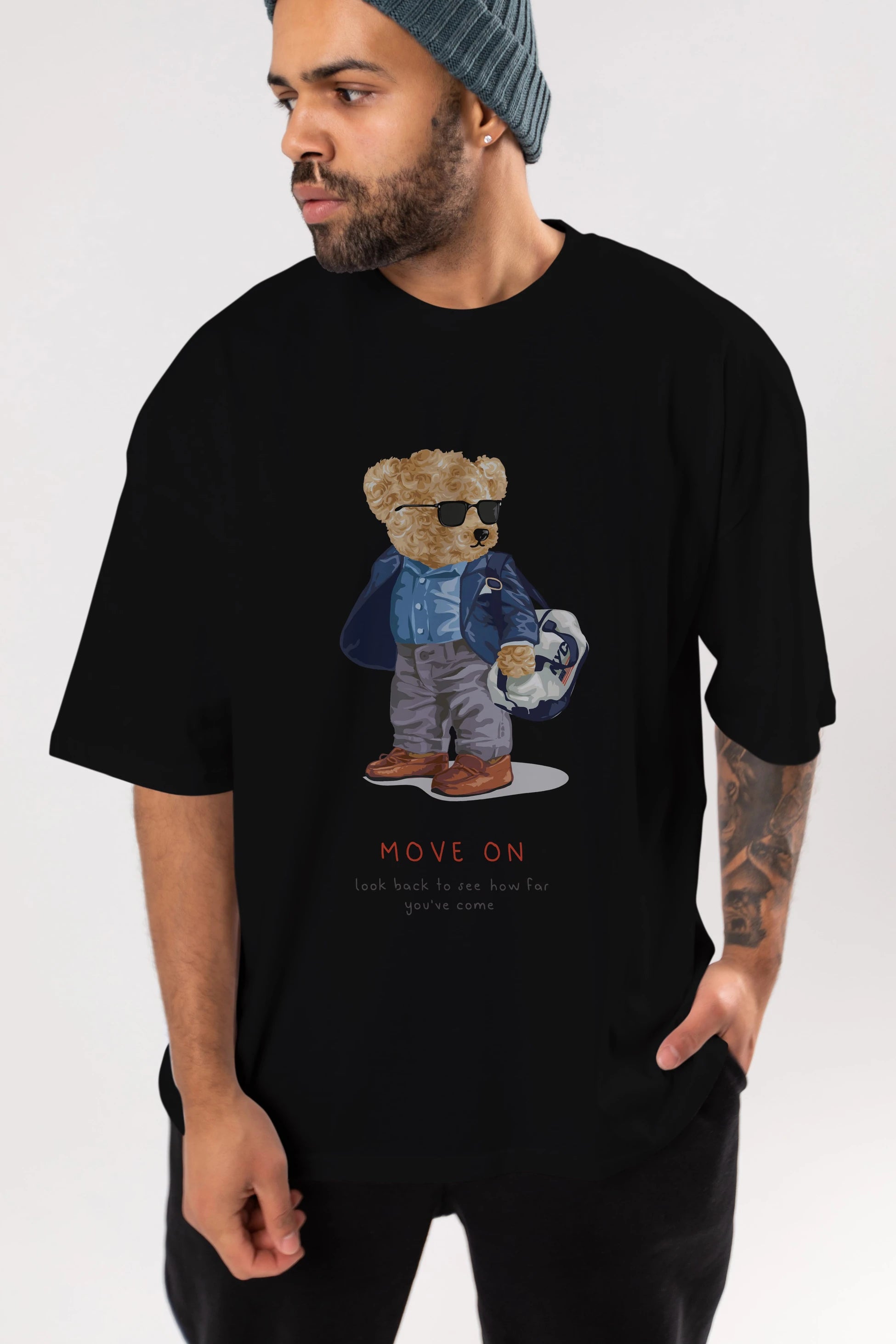 Teddy Bear Move On Ön Baskılı Oversize t-shirt Erkek Kadın Unisex %100 Pamuk