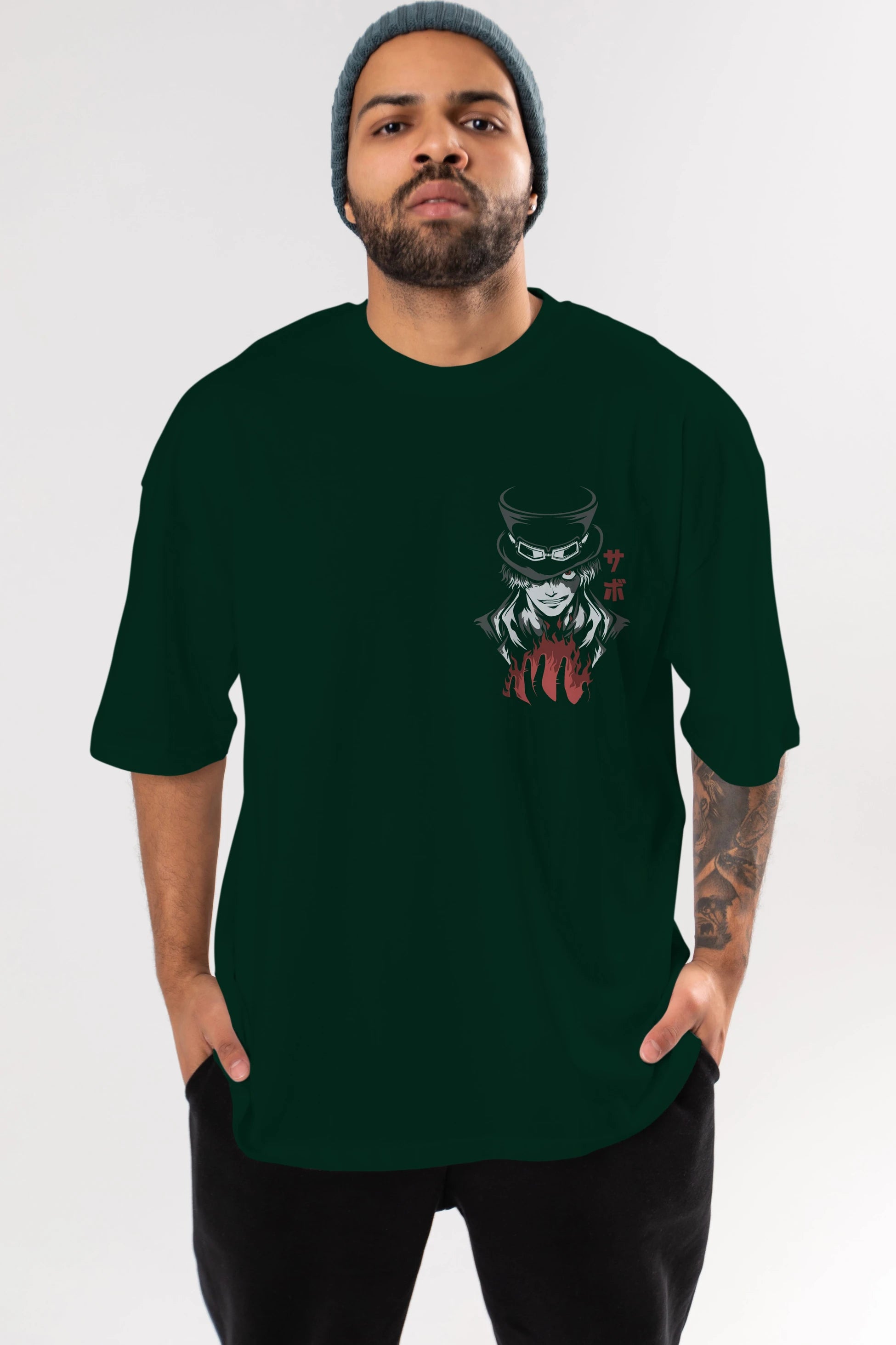 SaboOnePiece Ön Sol Baskılı Oversize t-shirt Erkek Kadın Unisex %100 Pamuk Bisiklet Yaka tişort