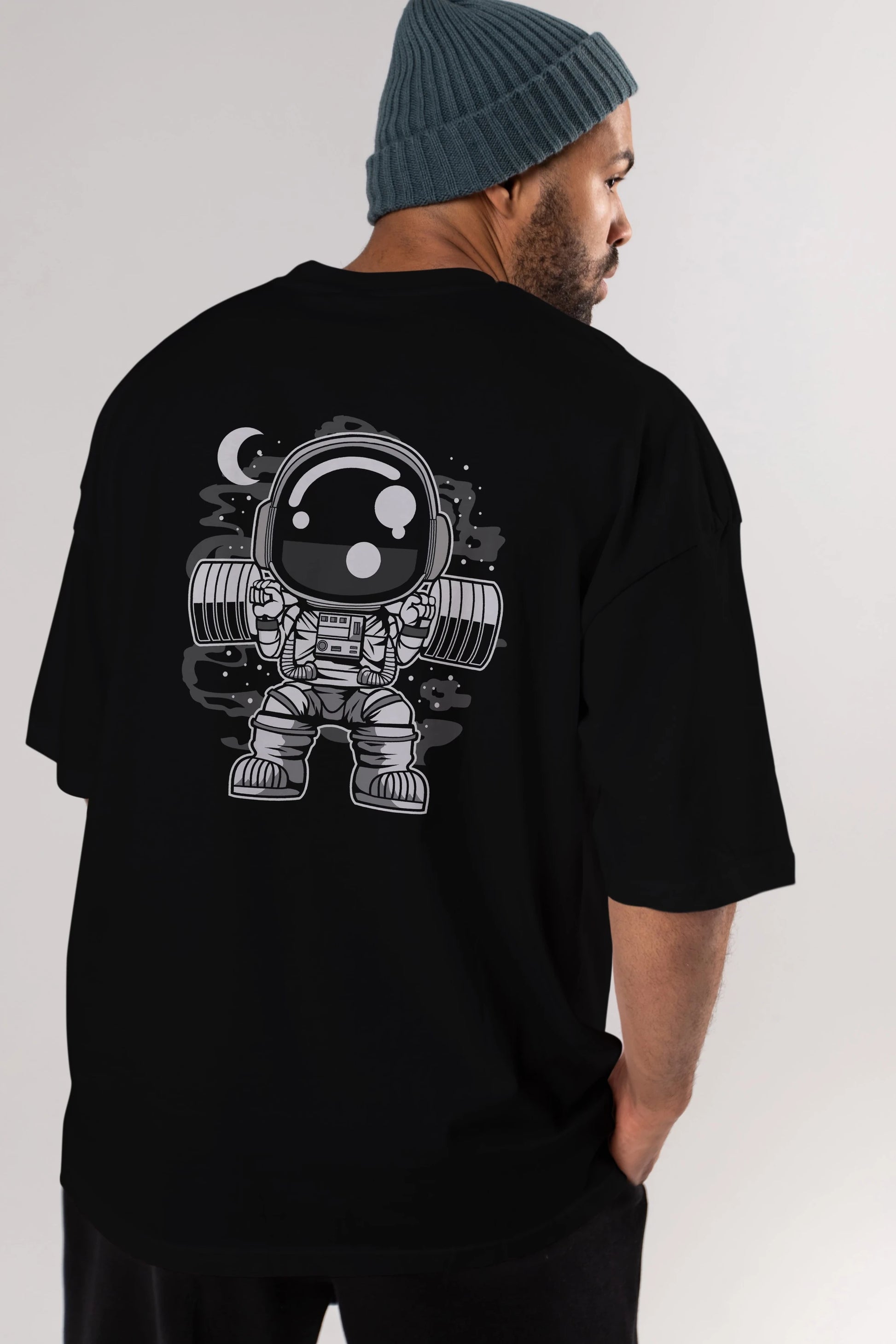 Astronaut Barbell Body Builder Arka Baskılı Oversize t-shirt Erkek Kadın Unisex