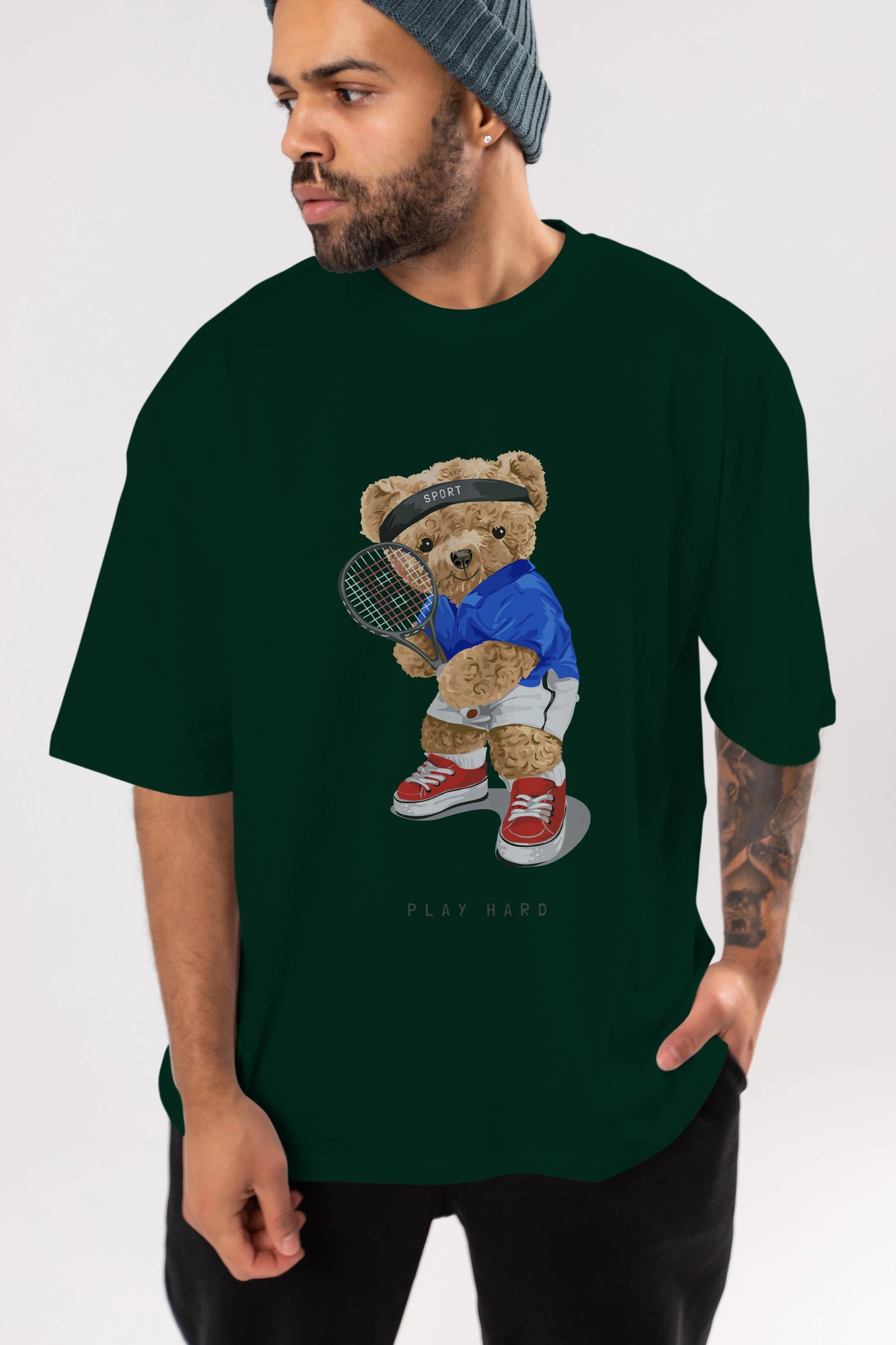 Teddy Bear Play Hard Ön Baskılı Oversize t-shirt Erkek Kadın Unisex %100 Pamuk