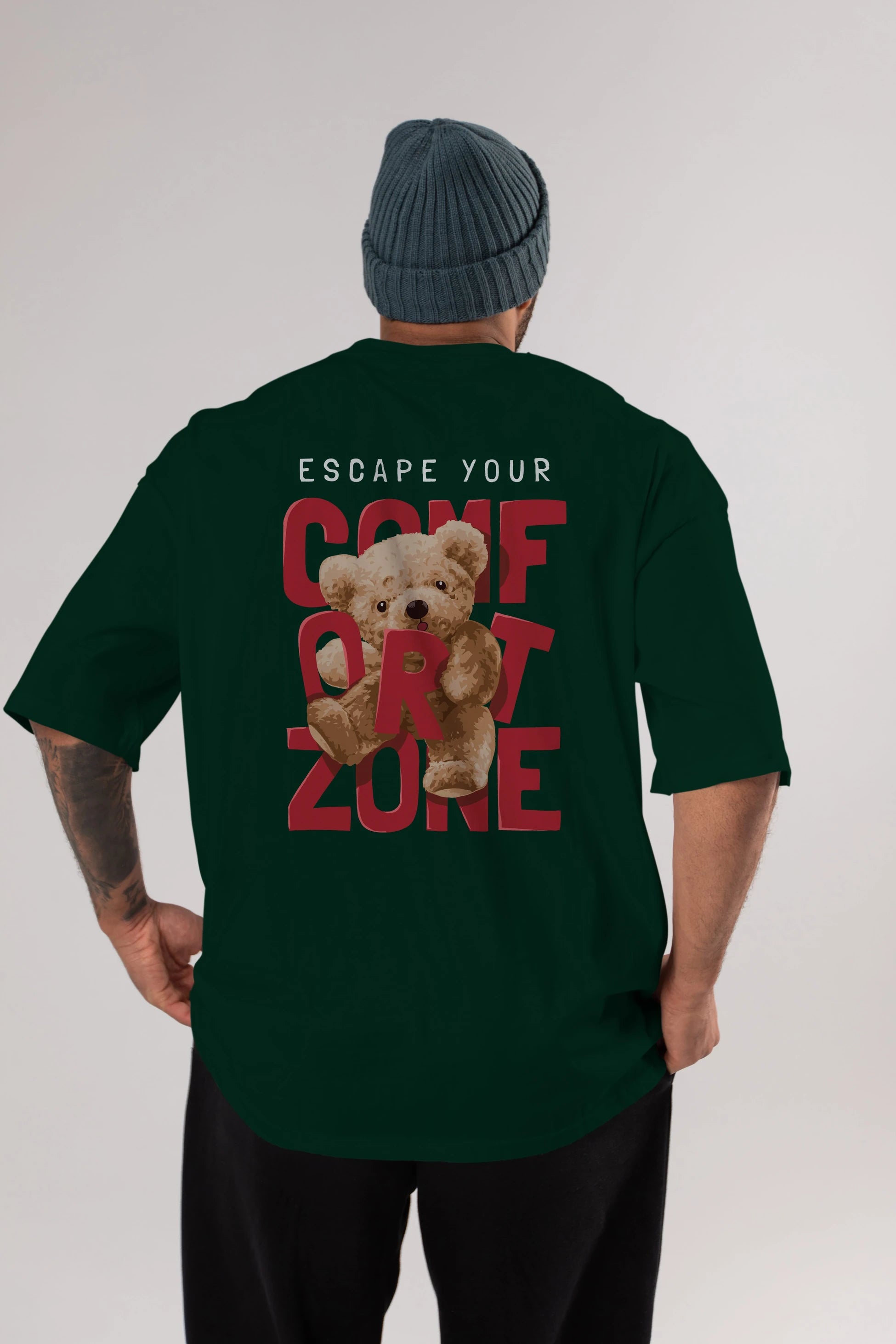 Teddy Bear Escape Comfort Zone Arka Baskılı Oversize t-shirt Erkek Kadın Unisex %100 Pamuk