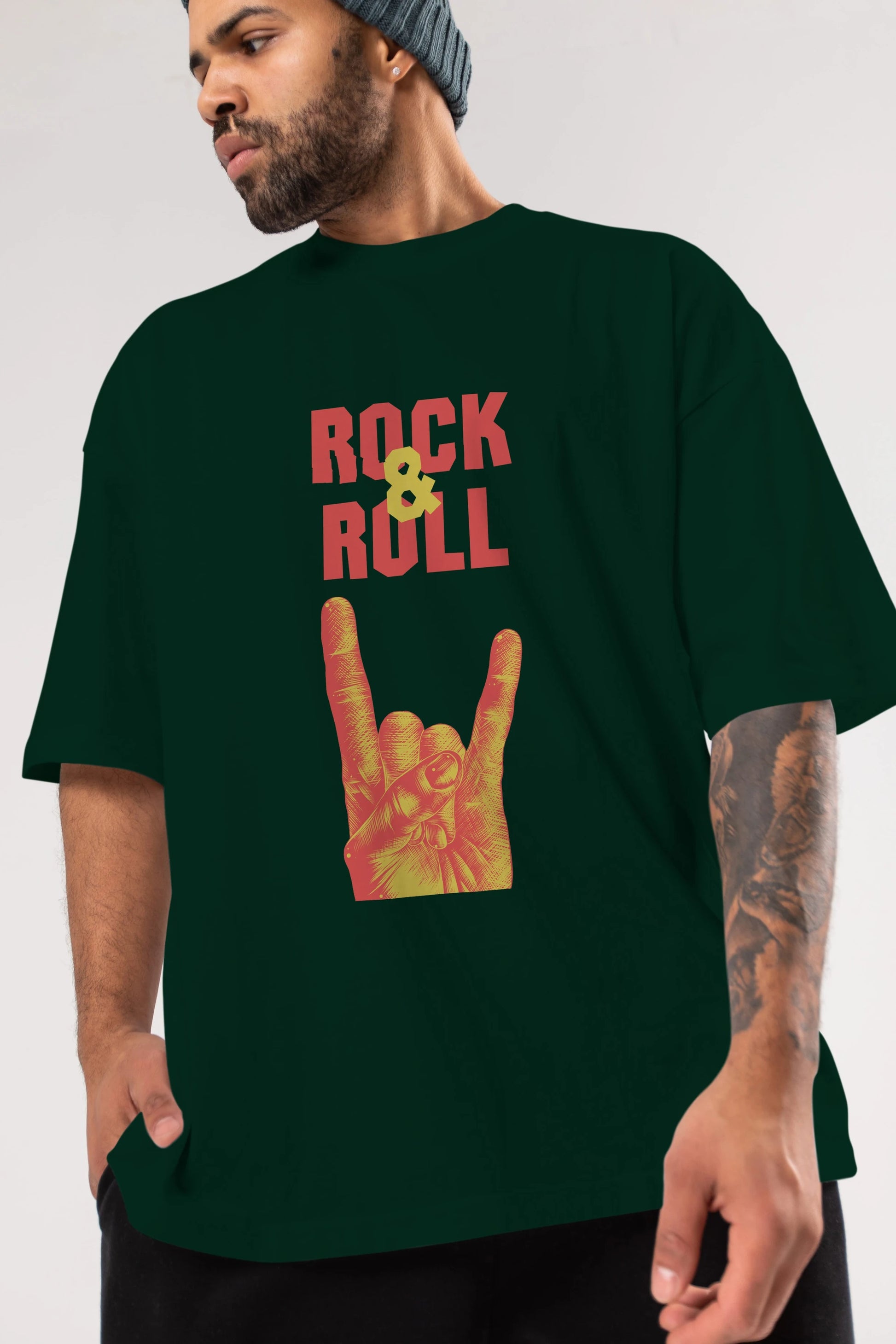 Rock & Roll Yazılı Ön Baskılı Oversize t-shirt Erkek Kadın Unisex