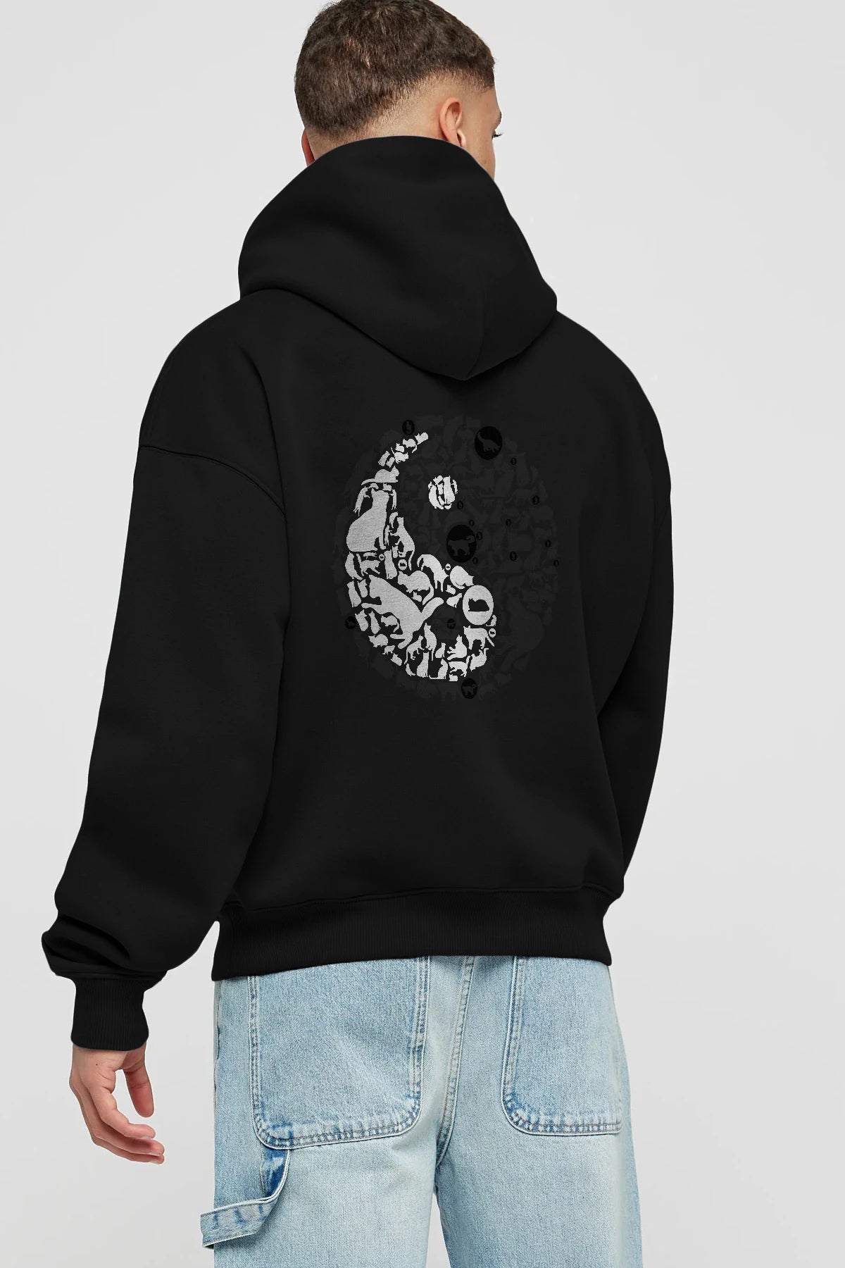 YinYang Cats Arka Baskılı Hoodie Oversize Kapüşonlu Sweatshirt Erkek Kadın Unisex