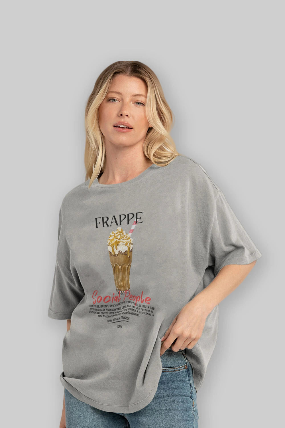 Frappe Kokteyl Serisi ön Baskılı Oversize t-shirt Erkek Kadın %100 Pamuk Bisiklet Yaka tişort
