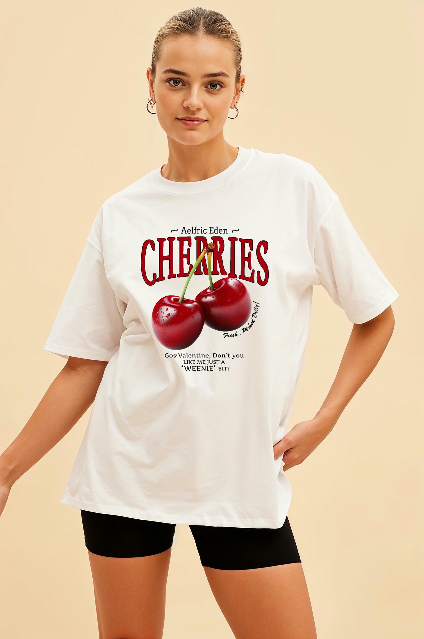 Cherry Cherries Ön Baskılı Oversize t-shirt Erkek Kadın Pamuk Bisiklet Yaka tişort