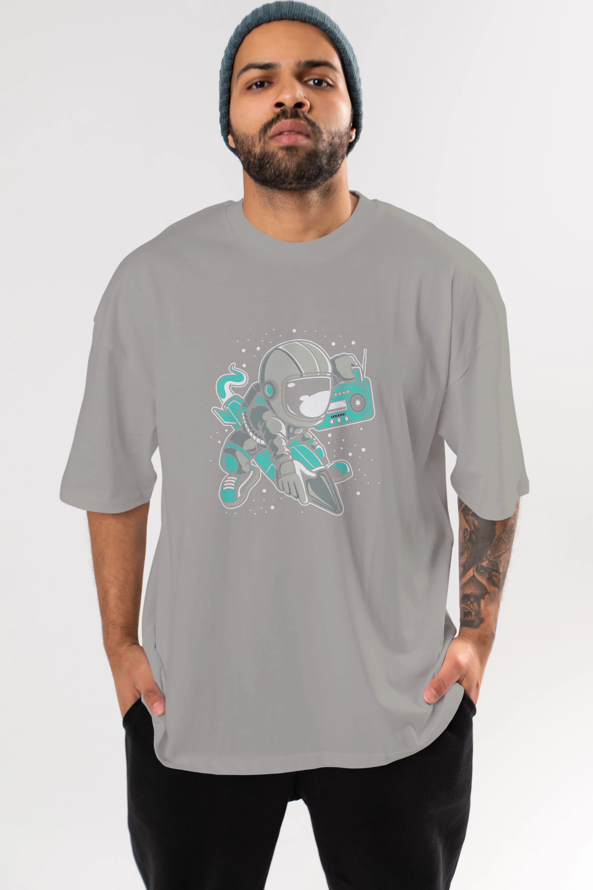 Astronaut Rocket (2) Ön Baskılı Oversize t-shirt Erkek Kadın Unisex